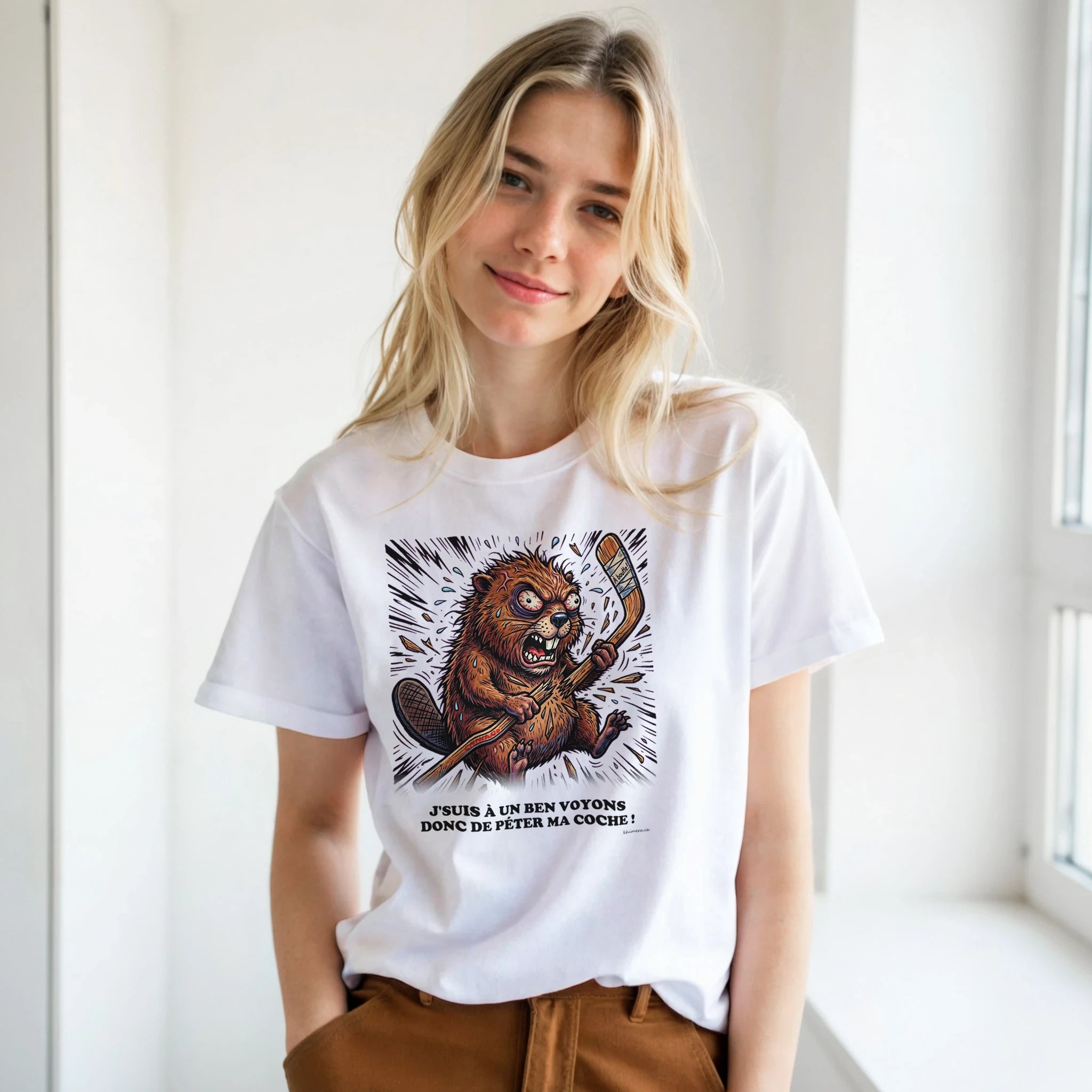 Femme portant le T-shirt Hockey Humour Péter ma Coche - couleur blanc | Khimera