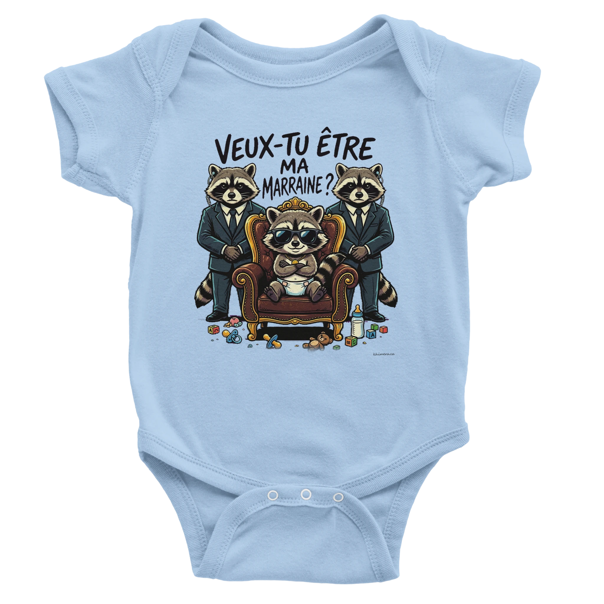 Cache-couche bébé bleu « Veux-tu être ma marraine ? » raton laveur sur trône - demande marraine originale et drôle Québec | Khimera