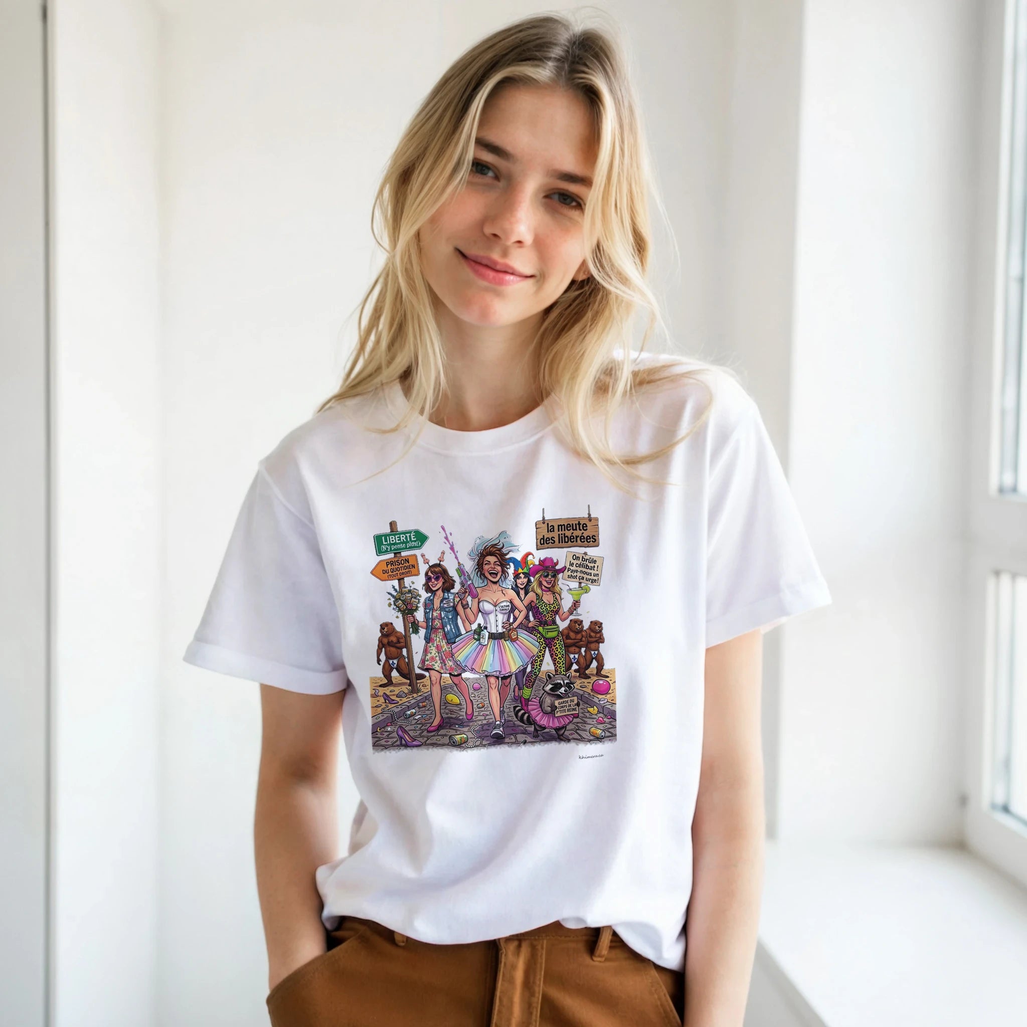 Femme portant le t-shirt EVJF enterrement vie jeune fille - couleur blanc | Khimera
