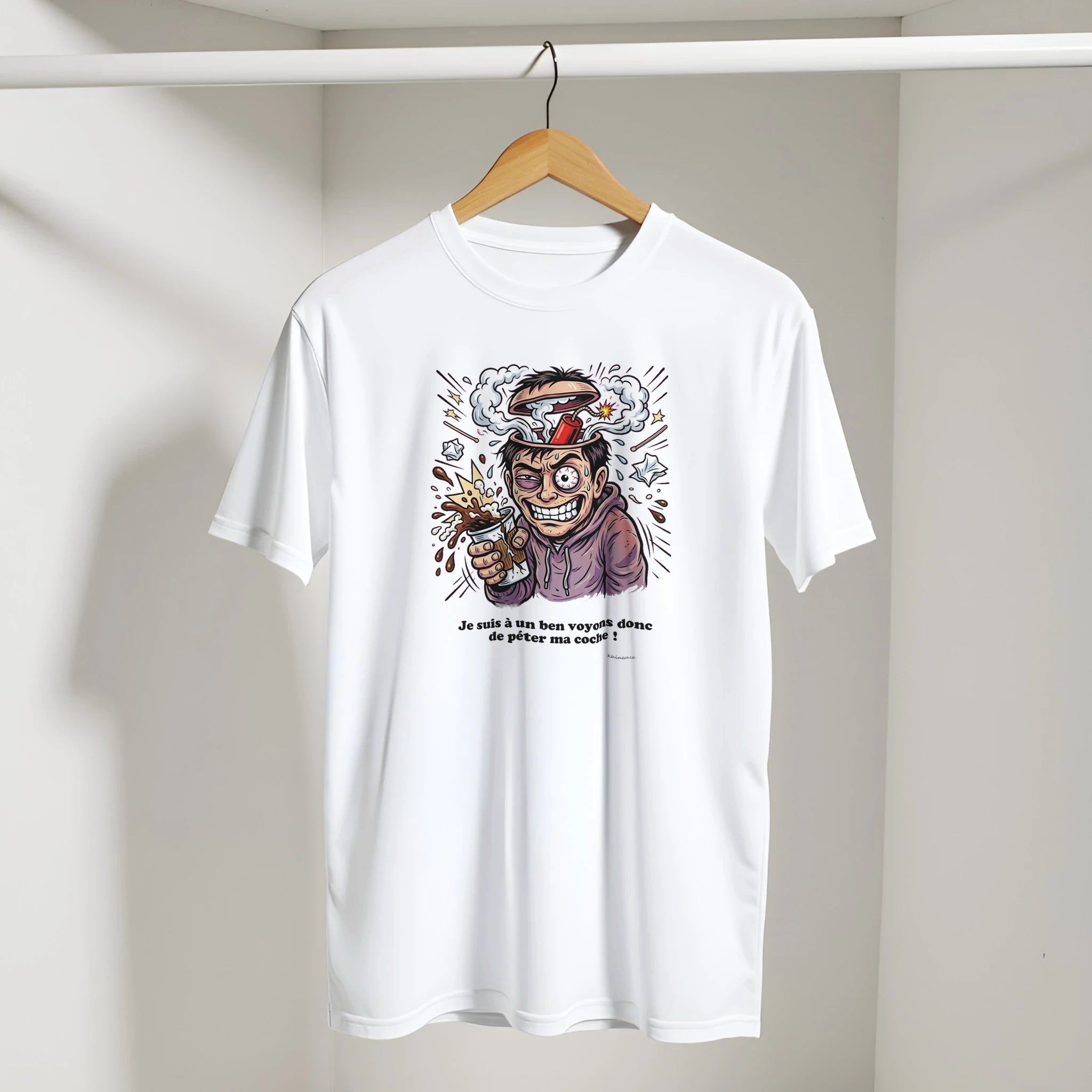 T-shirt Humour Café Péter ma Coche présenté sur cintre - couleur blanc | Khimera