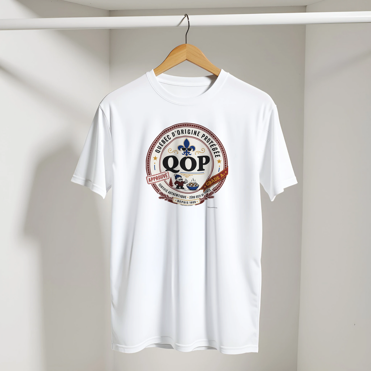 T-shirt sceau QOP fierté québécoise assumée présenté sur cintre - couleur blanc | Khimera