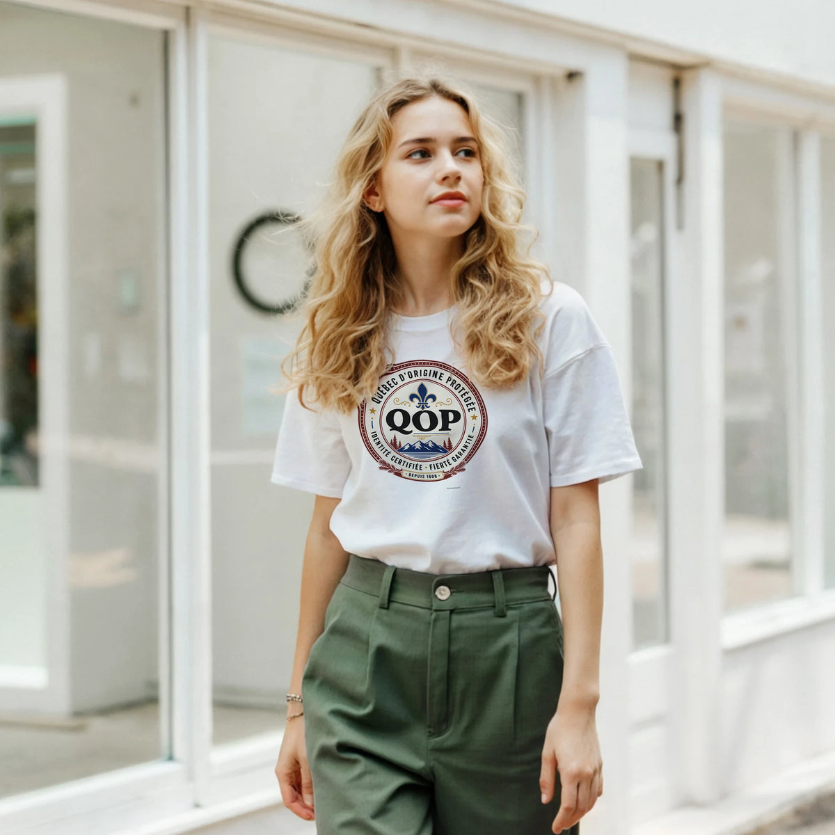 Femme portant le t-shirt sceau QOP identité québécoise - couleur blanc | Khimera