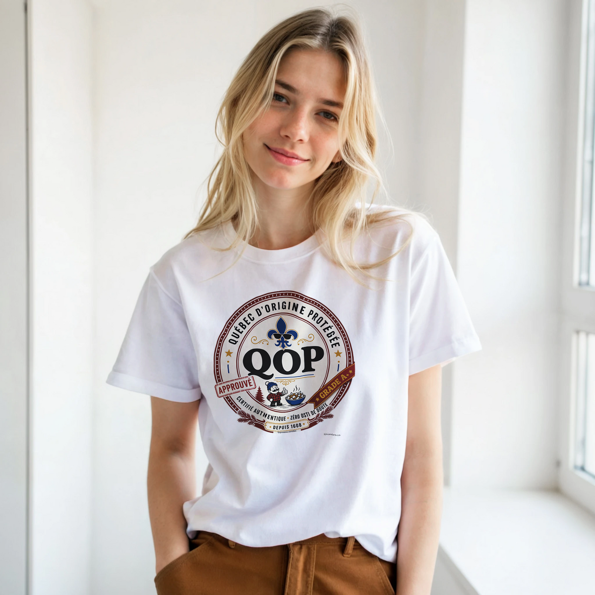 Femme portant le t-shirt sceau QOP fierté québécoise assumée - couleur blanc | Khimera