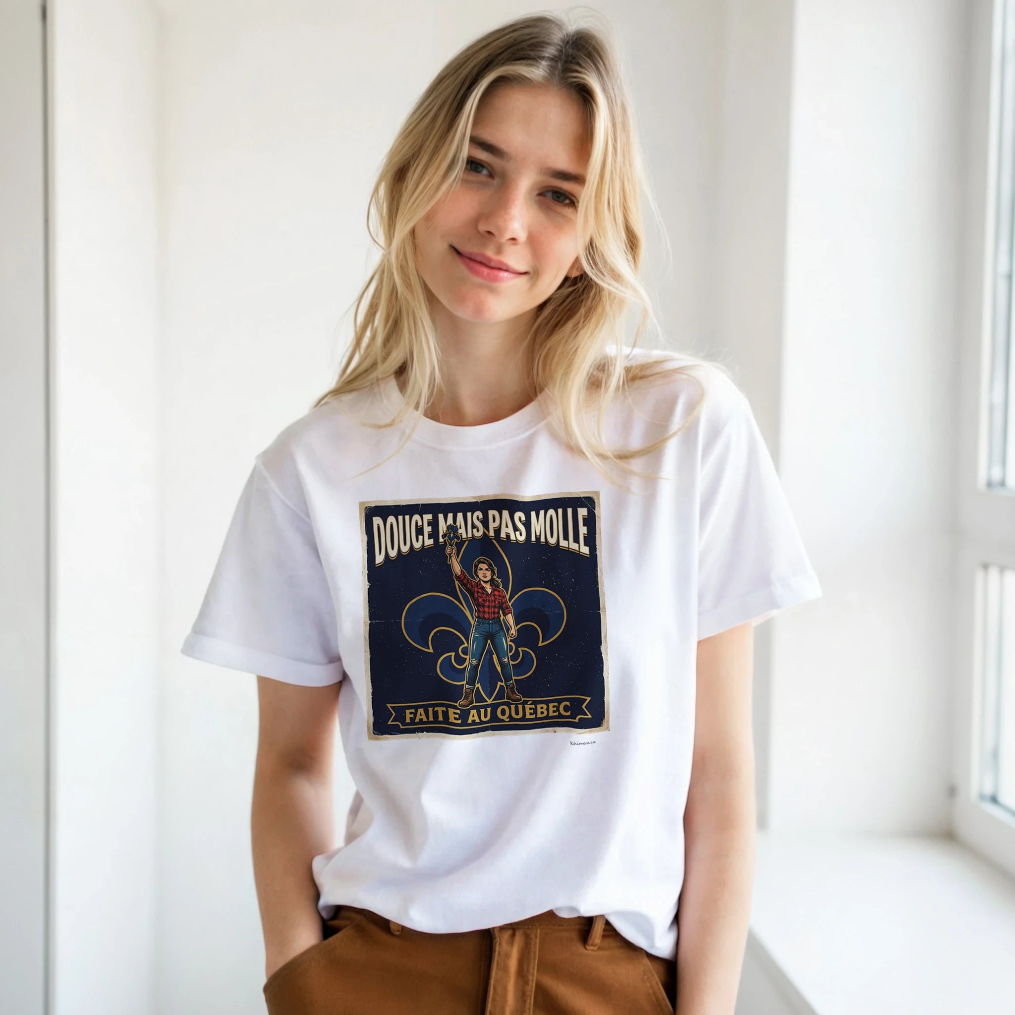 Femme portant le t-shirt fierté québécoise - couleur blanc | Khimera