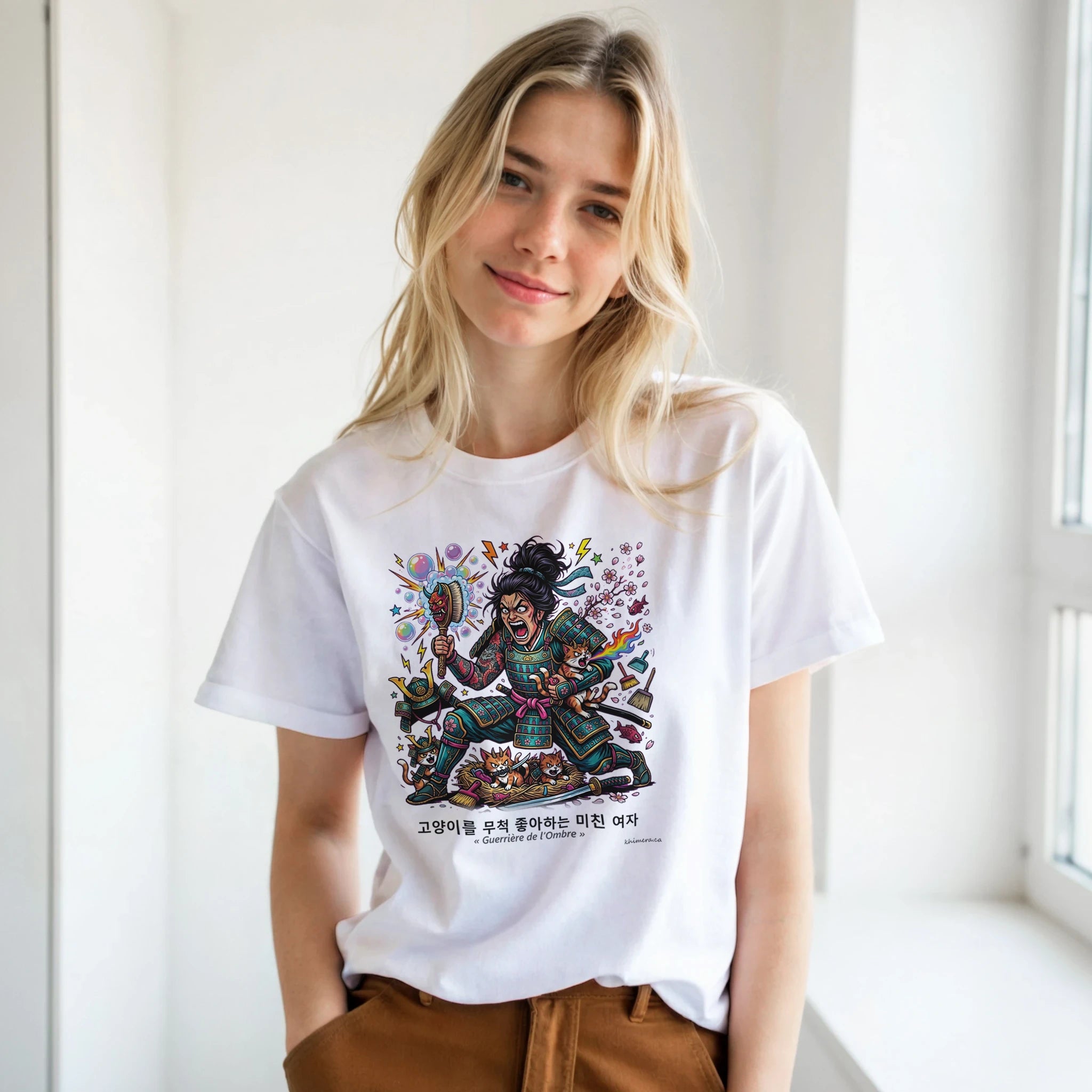 Homme portant le T-shirt Folle aux Chats Humour Décalé - couleur blanc | Khimera