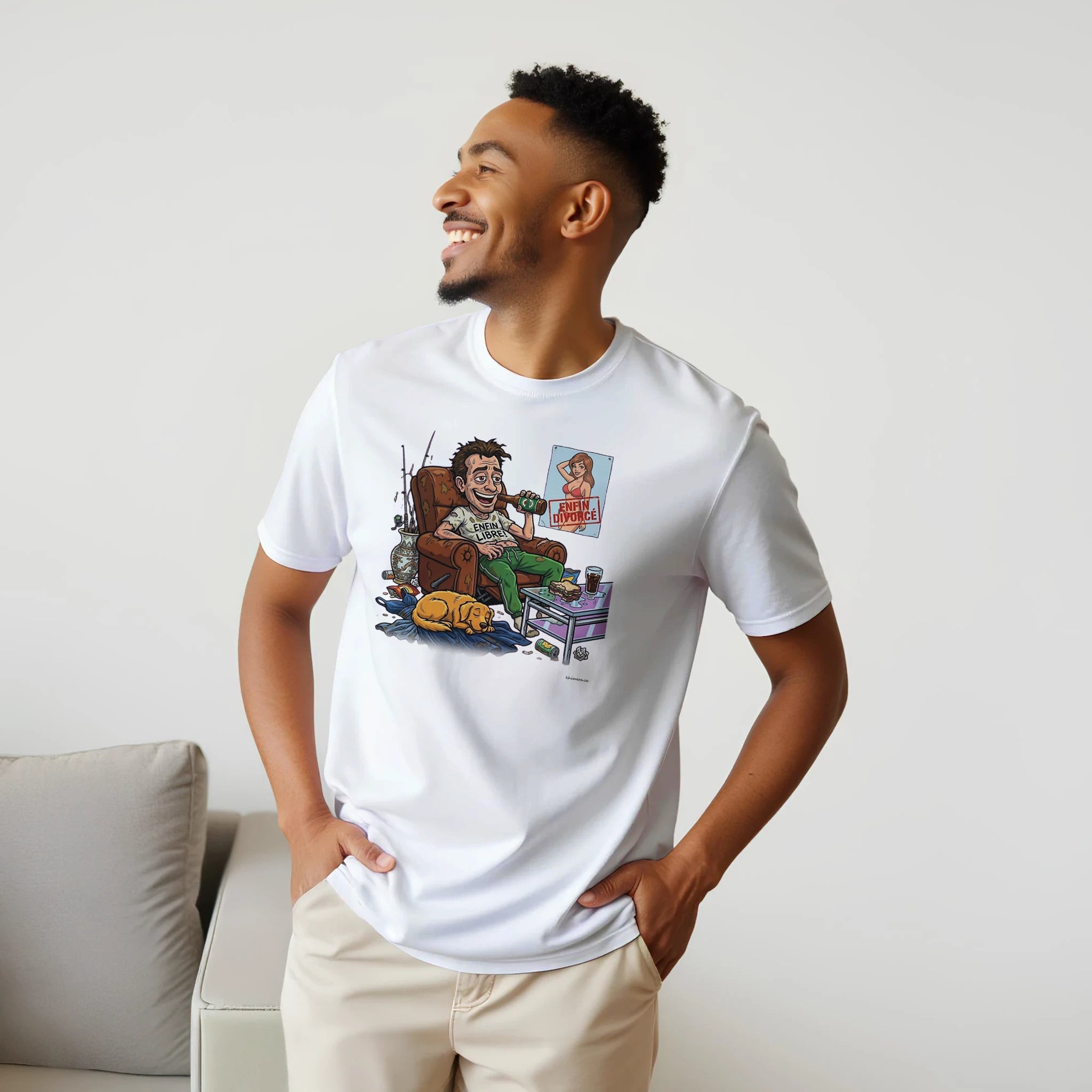 T-shirt Humour Divorce Homme présenté sur cintre - couleur blanc | Khimera
