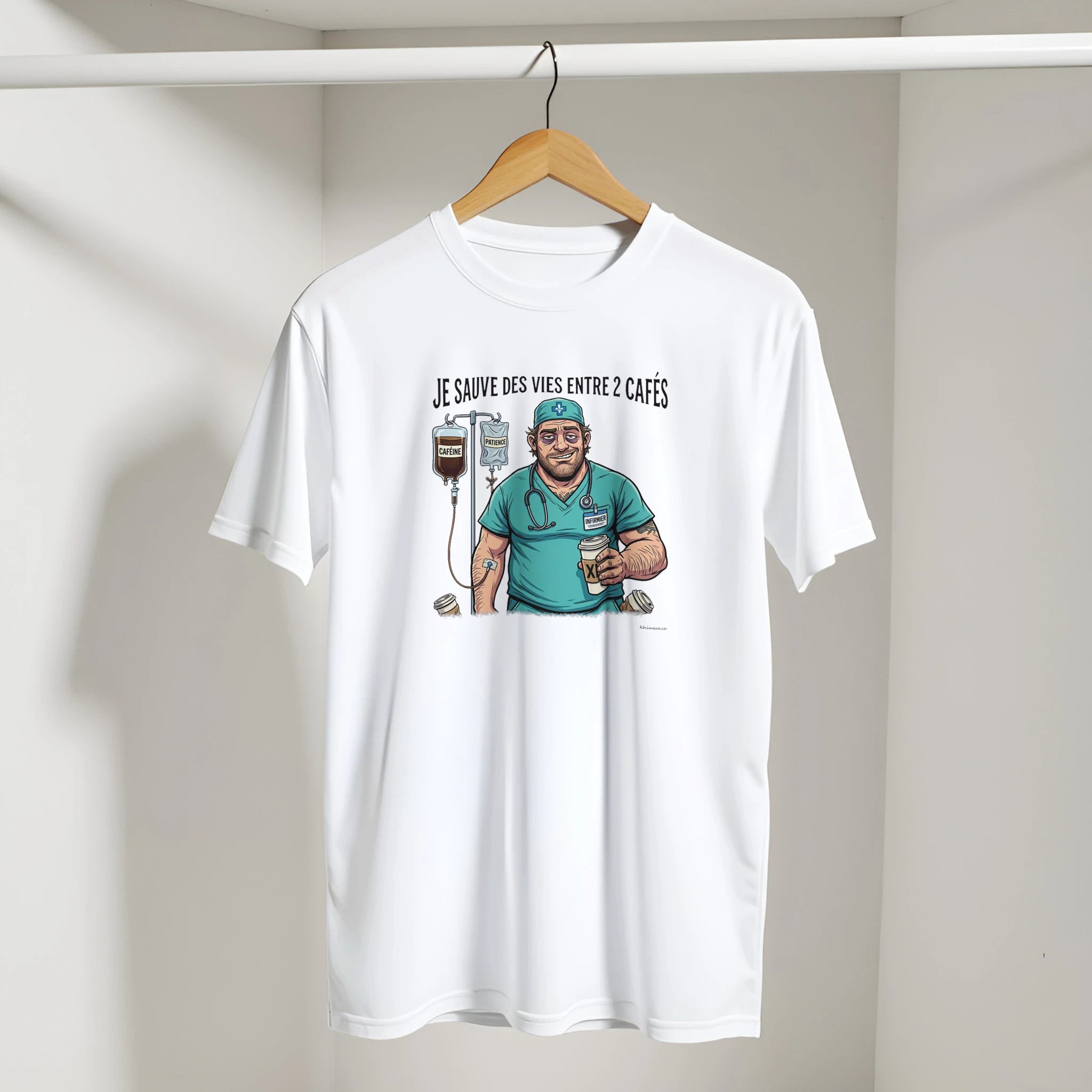 Chandail infirmier humour présenté sur cintre - couleur blanc | Khimera