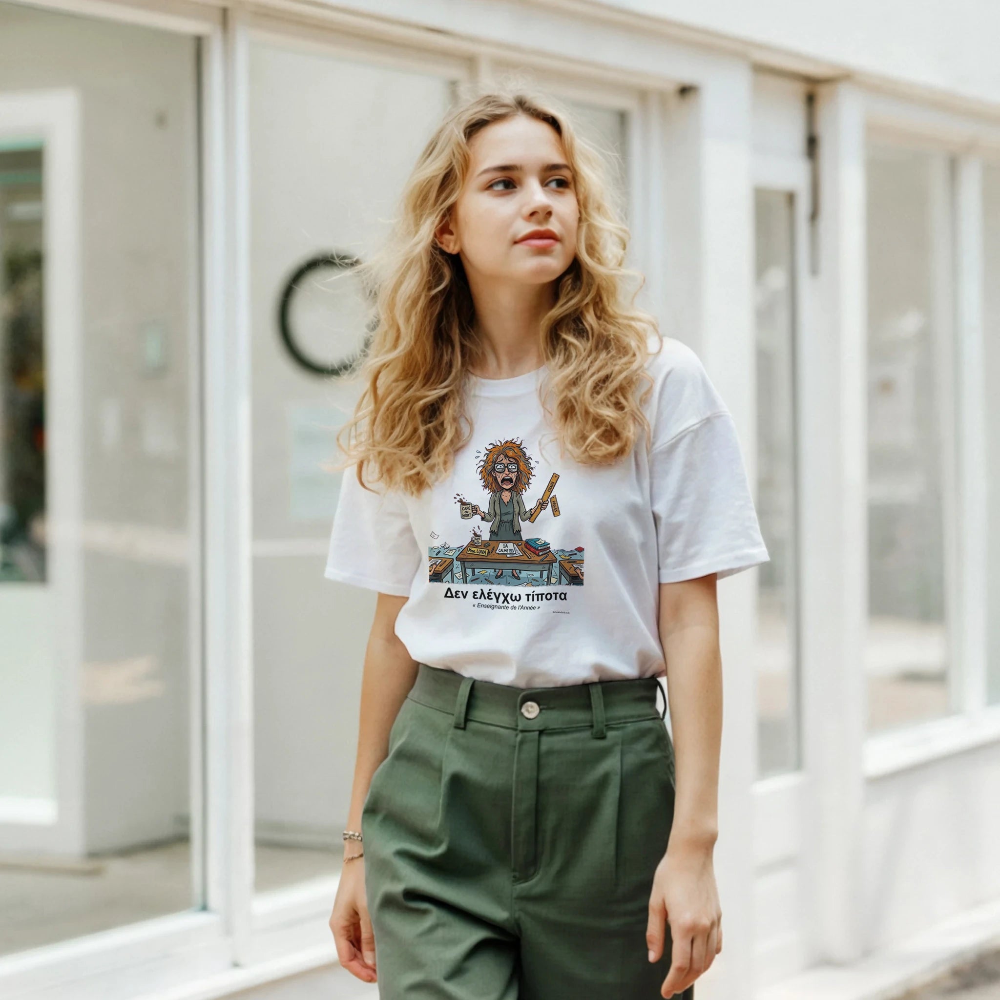 Homme portant le T-shirt Enseignante Humour Décalé - couleur blanc | Khimera