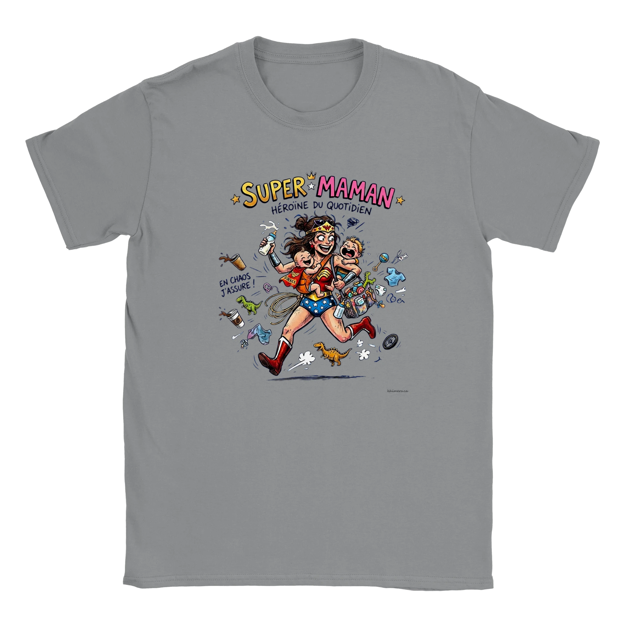 Chandail super maman fête des mères illustration héroïne avec bébés - couleur gris | Khimera