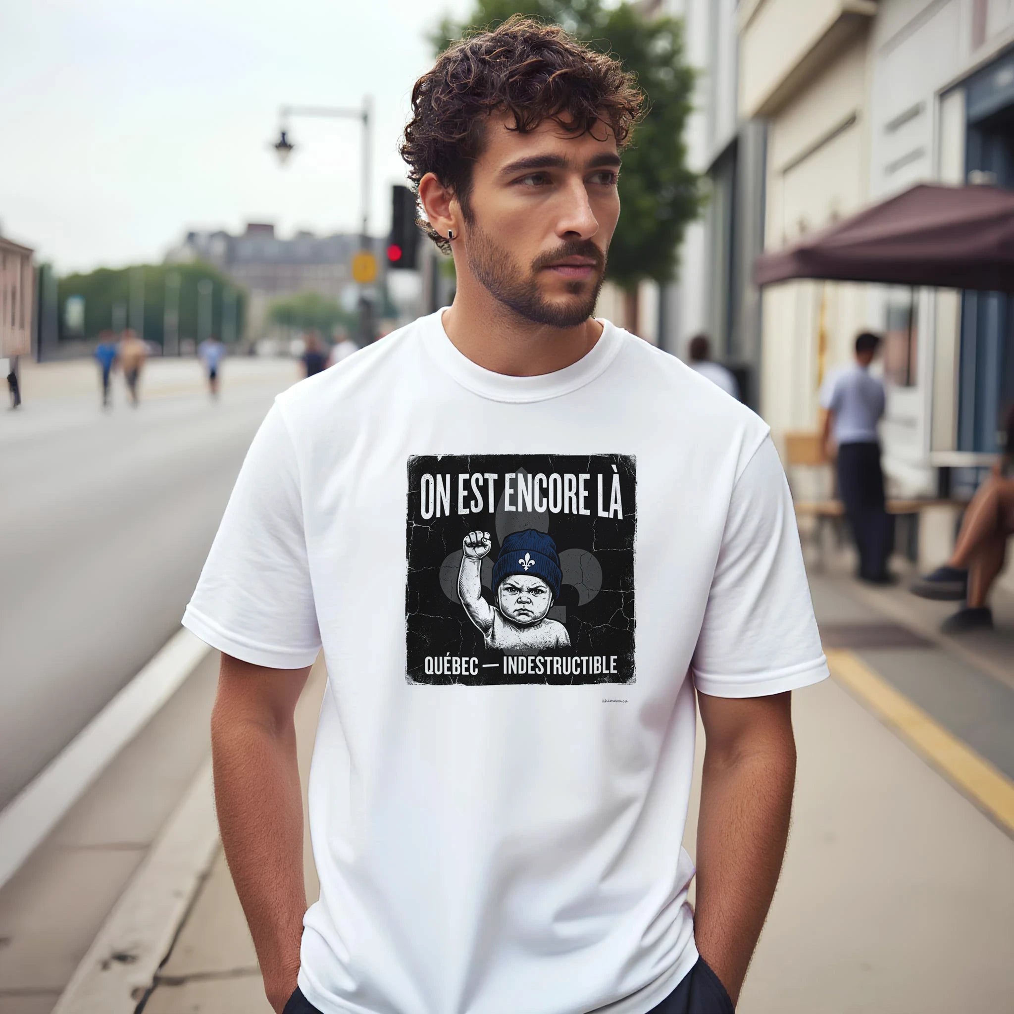 Homme portant le t-shirt fierté québécoise résilience - couleur blanc | Khimera