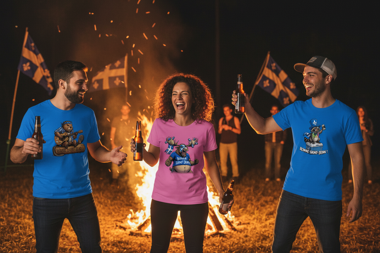 Trois amis célèbrent la Saint-Jean autour d'un feu de joie, bière à la main et t-shirts Khiméra (castor, orignal, raton), devant des drapeaux du Québec