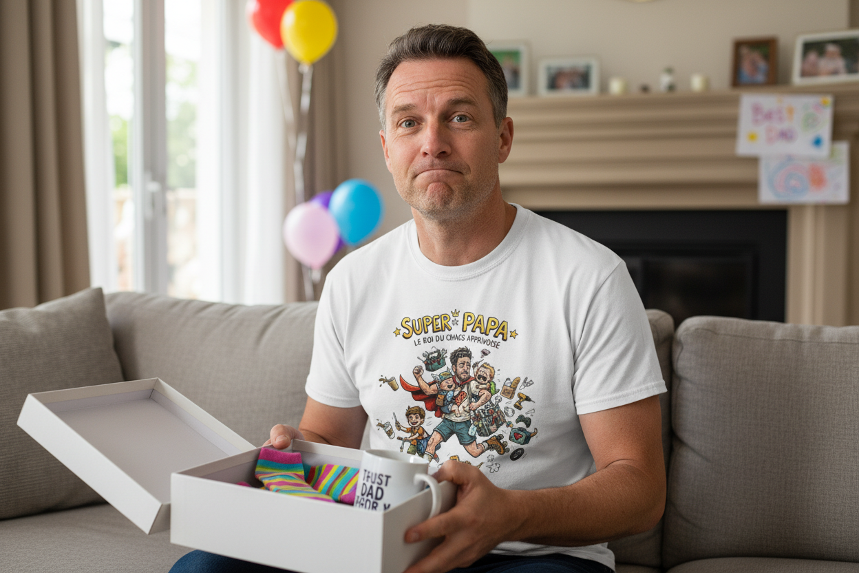 Un papa ouvre un cadeau de fête des pères dans son salon, vêtu d'un t-shirt humoristique Super Papa de Khiméra