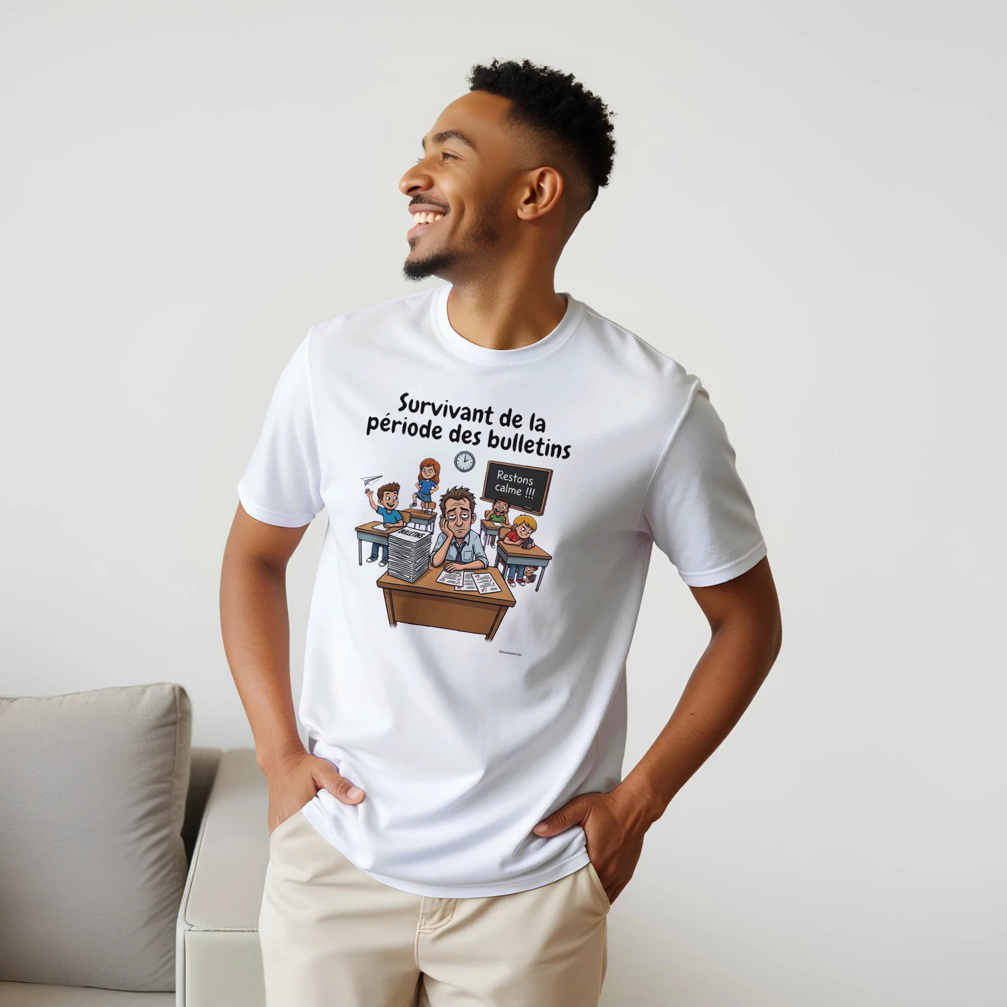 Homme portant le t-shirt enseignant humour chandail prof - couleur blanc | Khimera
