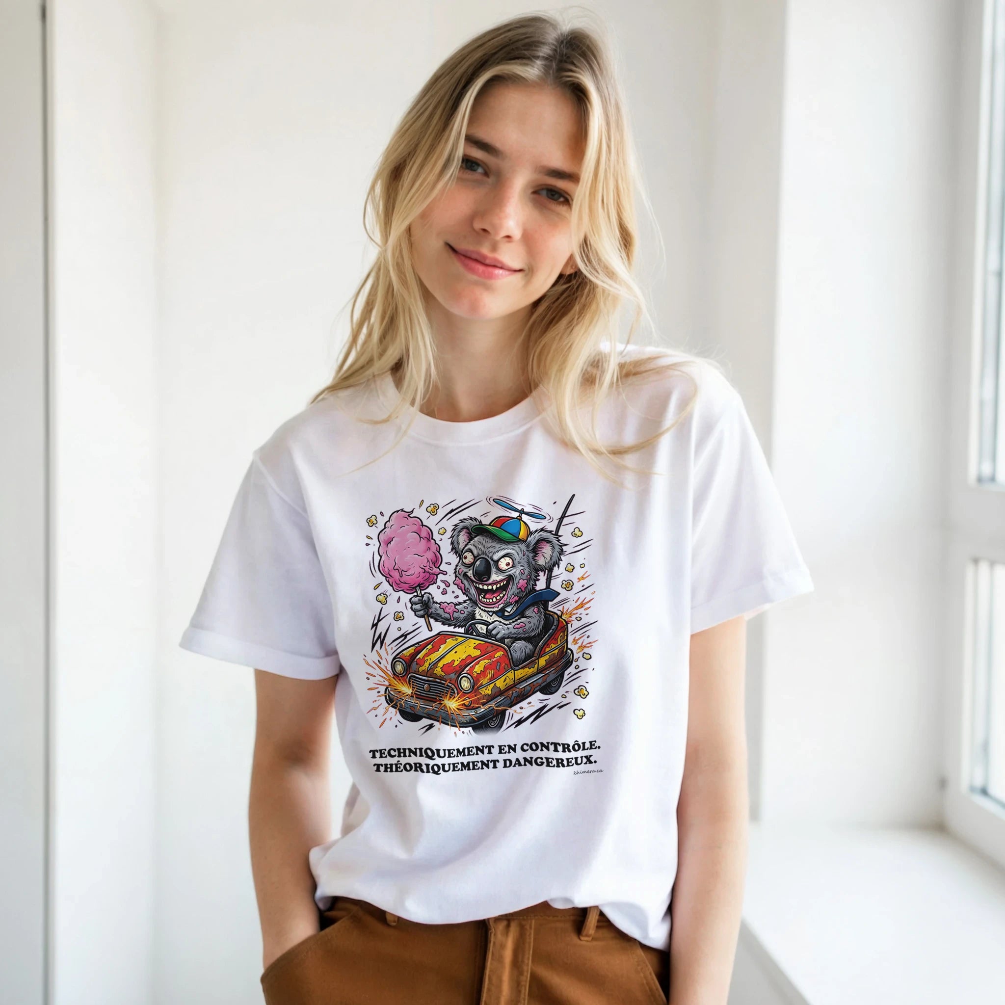 Femme portant le T-shirt Humour Auto Tamponneuse - couleur blanc | Khimera