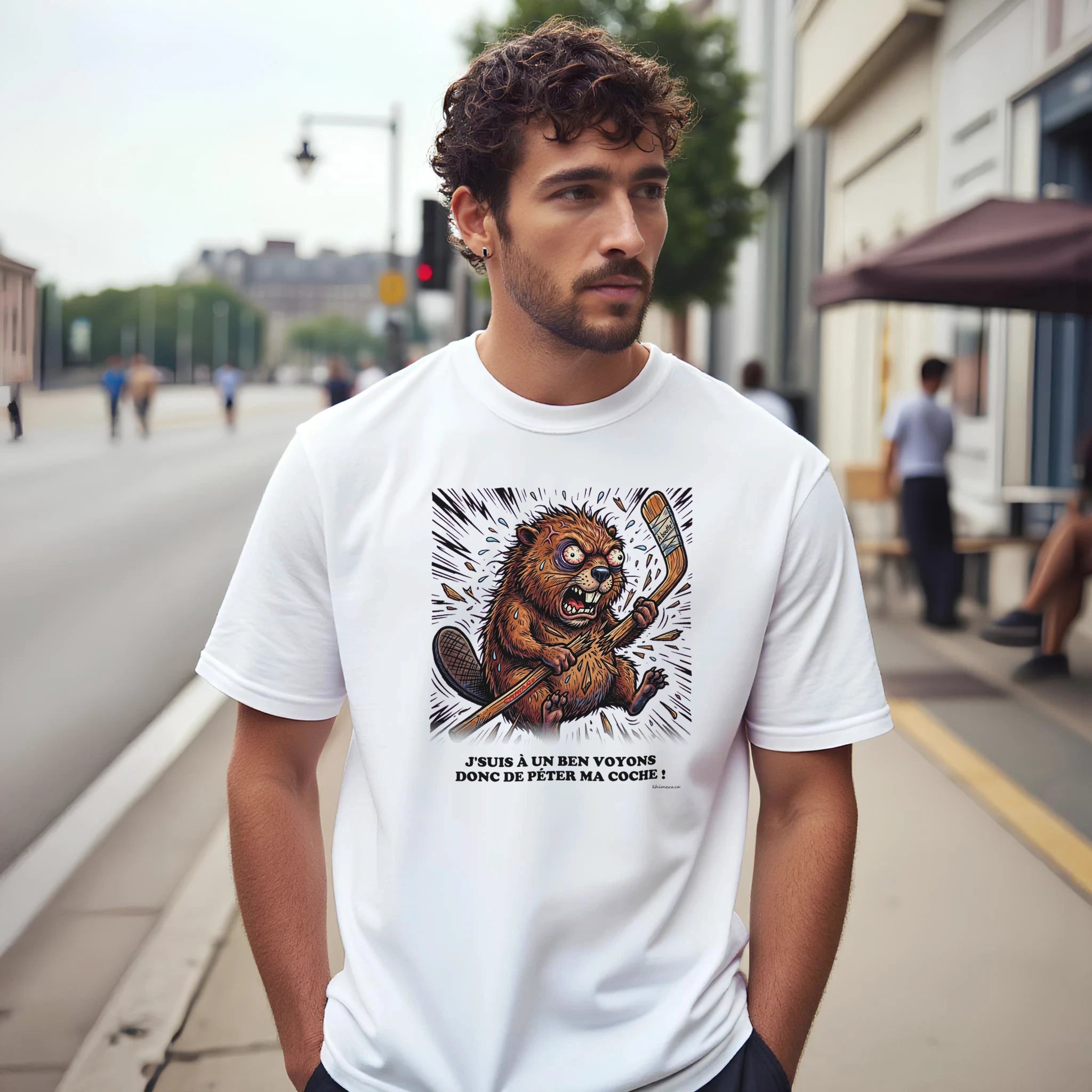T-shirt Hockey Humour Péter ma Coche présenté sur cintre - couleur blanc | Khimera