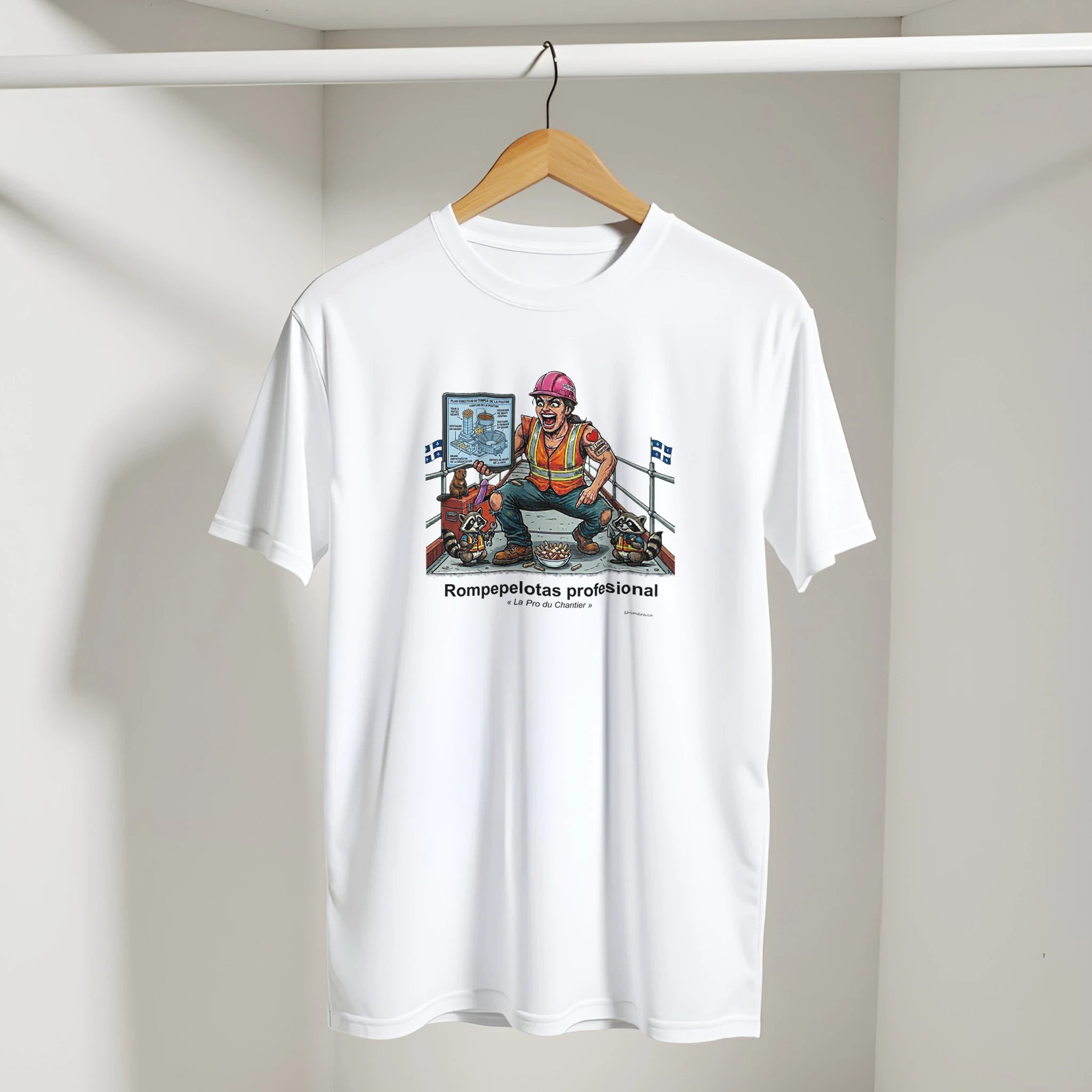 T-shirt Femme Chantier Humour Décalé présenté sur cintre - couleur blanc | Khimera