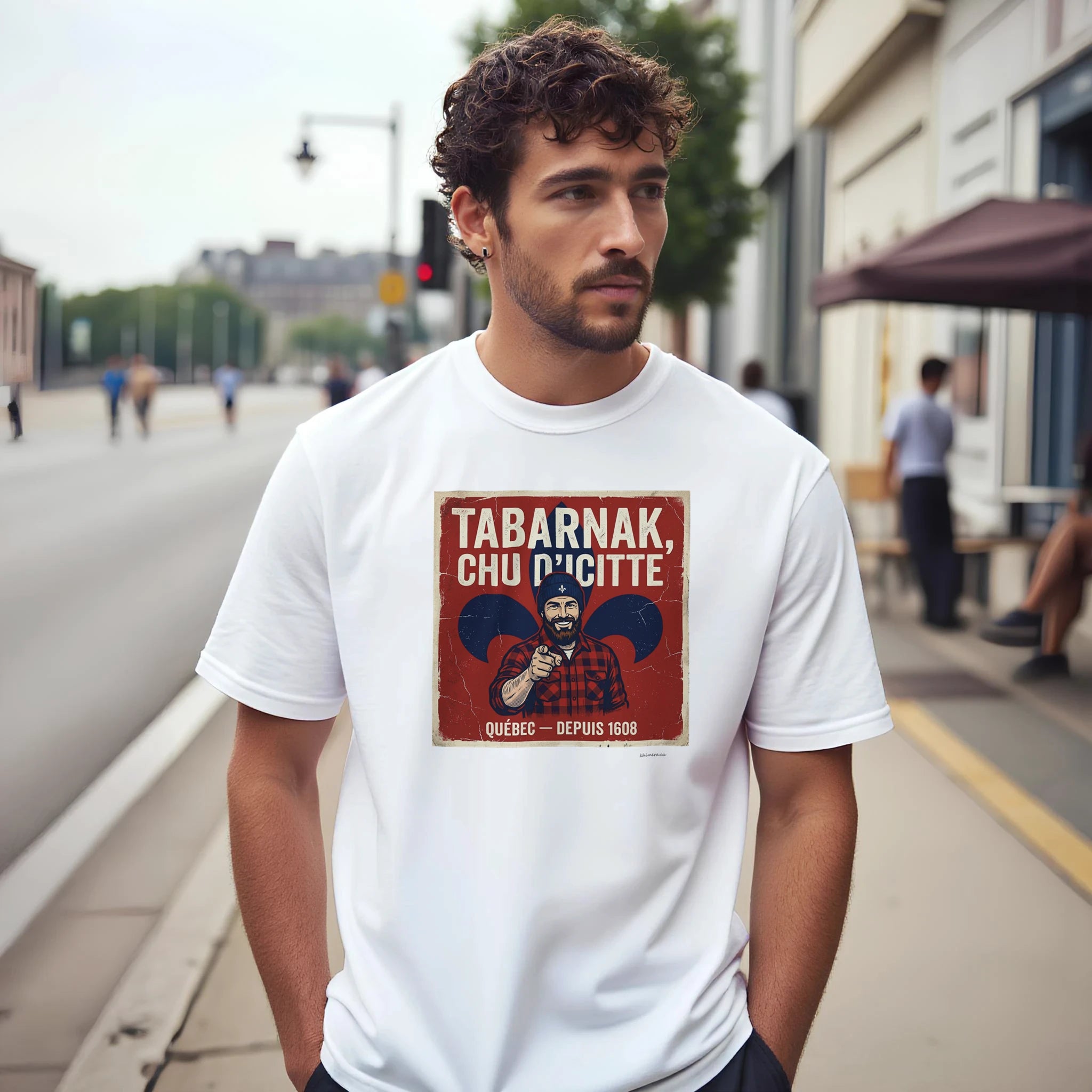 Homme portant le t-shirt fierté québécoise - couleur blanc | Khimera