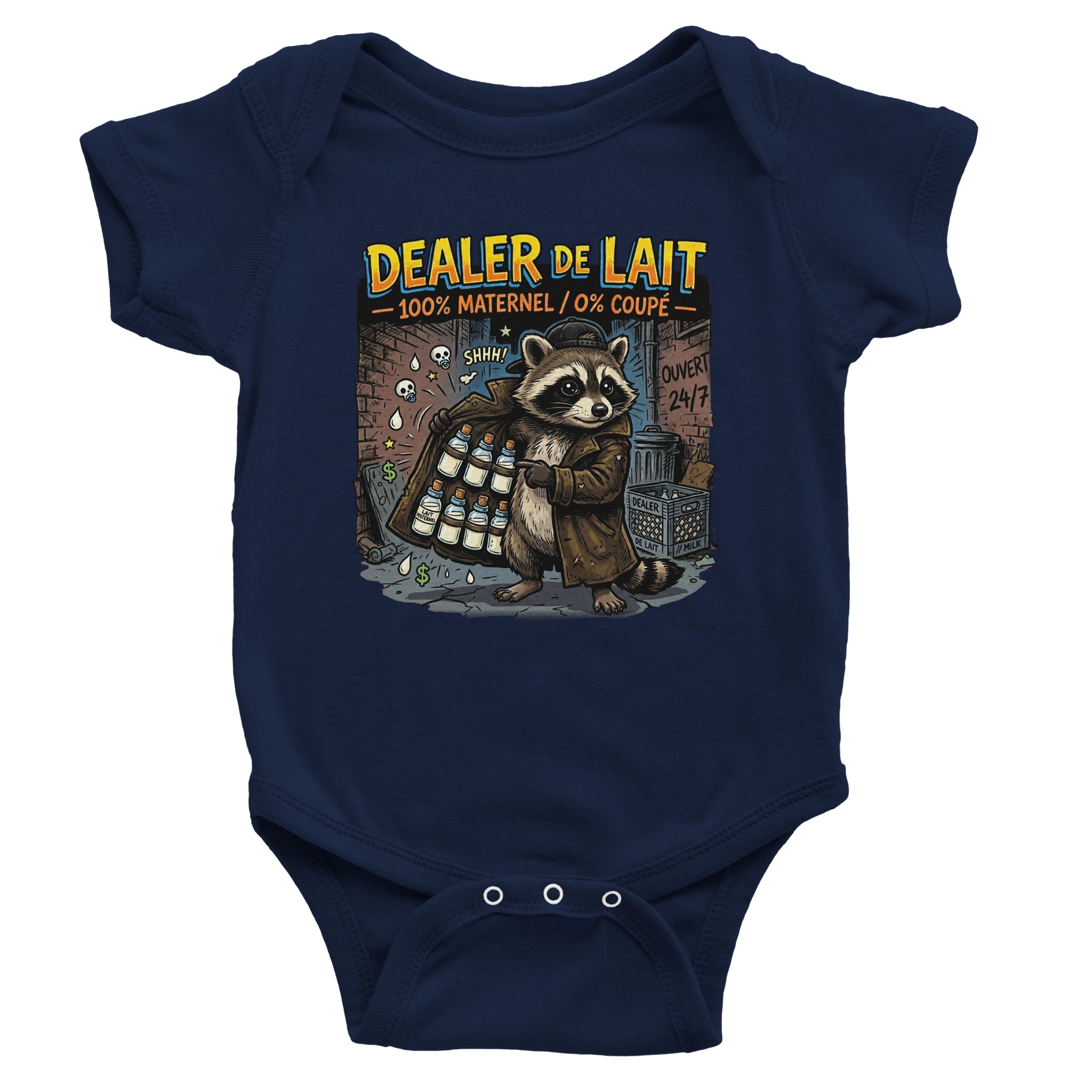 Cache-couche bébé bleu marine humour « Dealer de lait 100% maternel » raton laveur dans une ruelle - cadeau shower drôle Québec | Khimera