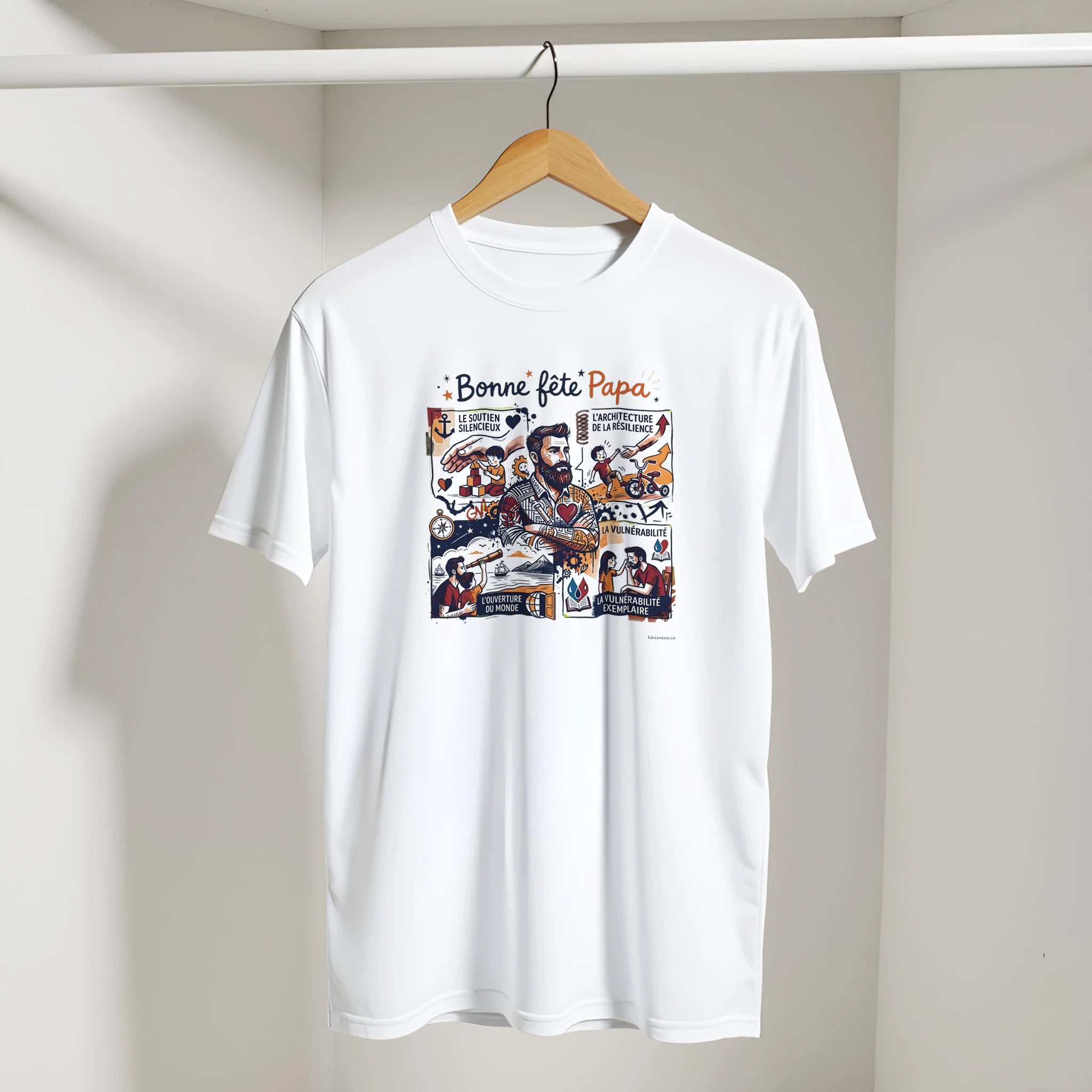 T-shirt Bonne Fête Papa présenté sur cintre - couleur blanc | Khimera