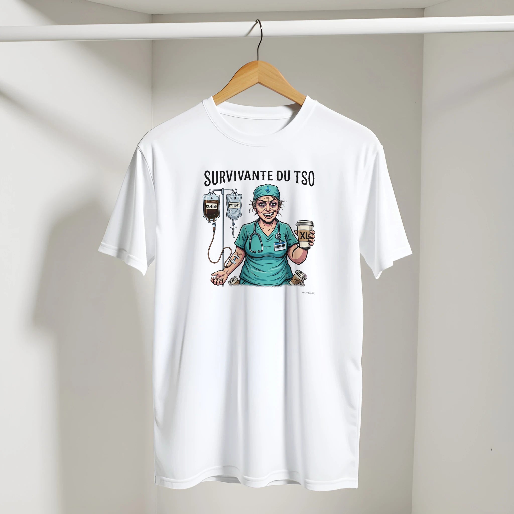 Chandail infirmière humour présenté sur cintre - couleur blanc | Khimera