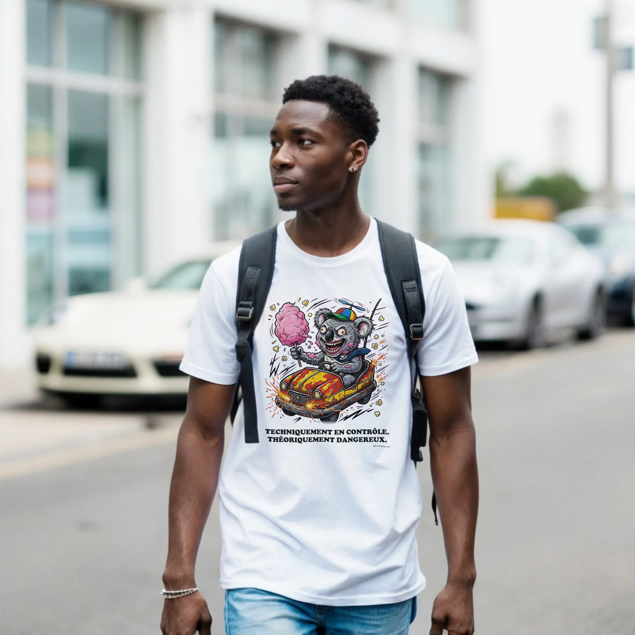 Homme portant le T-shirt Humour Auto Tamponneuse - couleur blanc | Khimera