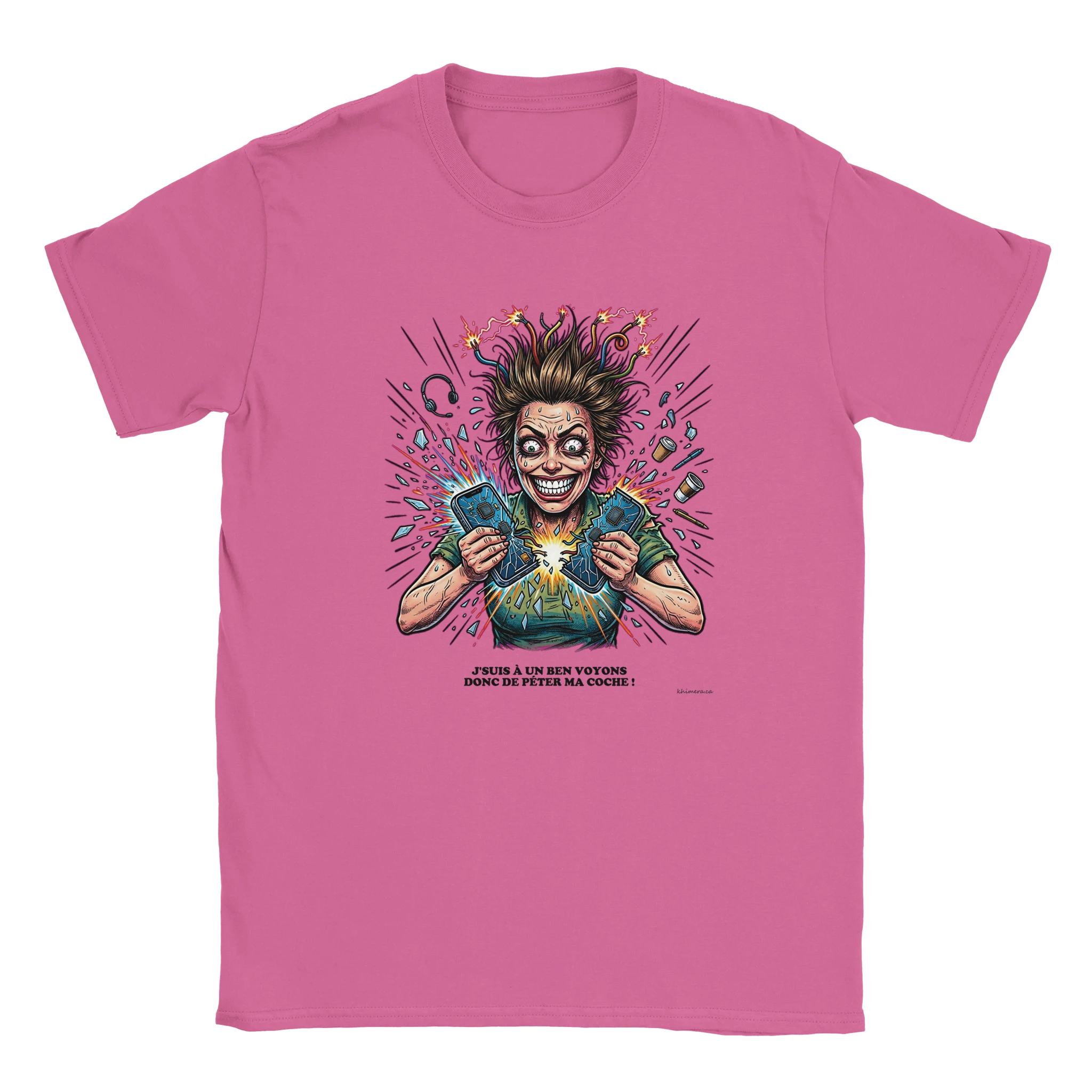 T-shirt Humour Québécois Péter ma Coche - couleur rose | Khimera
