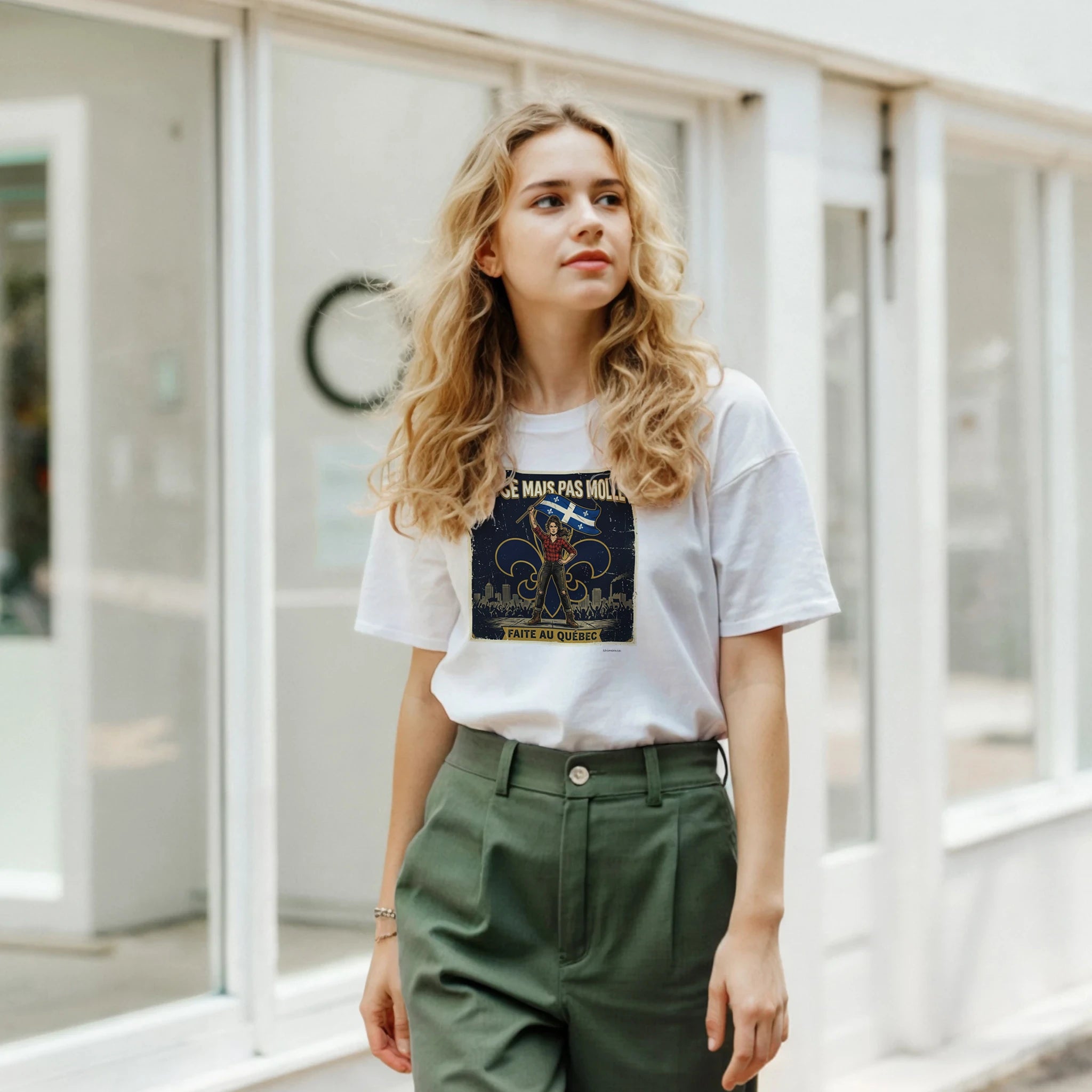 Femme portant le t-shirt drapeau Québec fierté québécoise - couleur blanc | Khimera