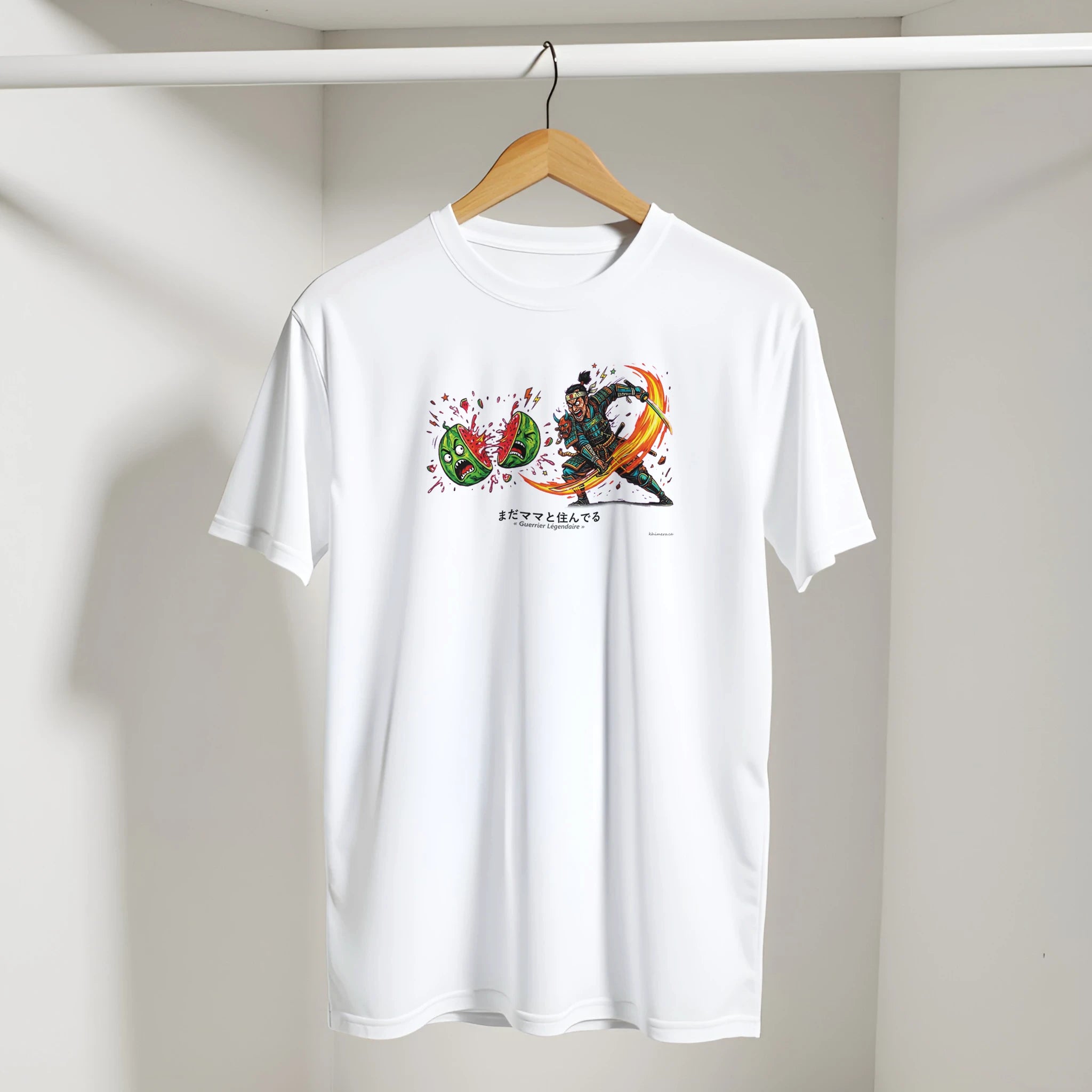 T-shirt Samouraï Humour Décalé présenté sur cintre - couleur blanc | Khimera