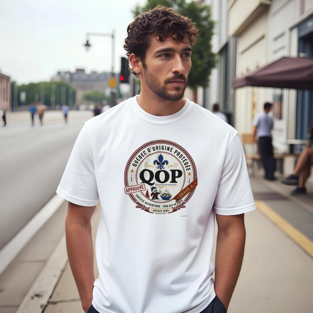 Homme portant le t-shirt sceau QOP fierté québécoise assumée - couleur blanc | Khimera