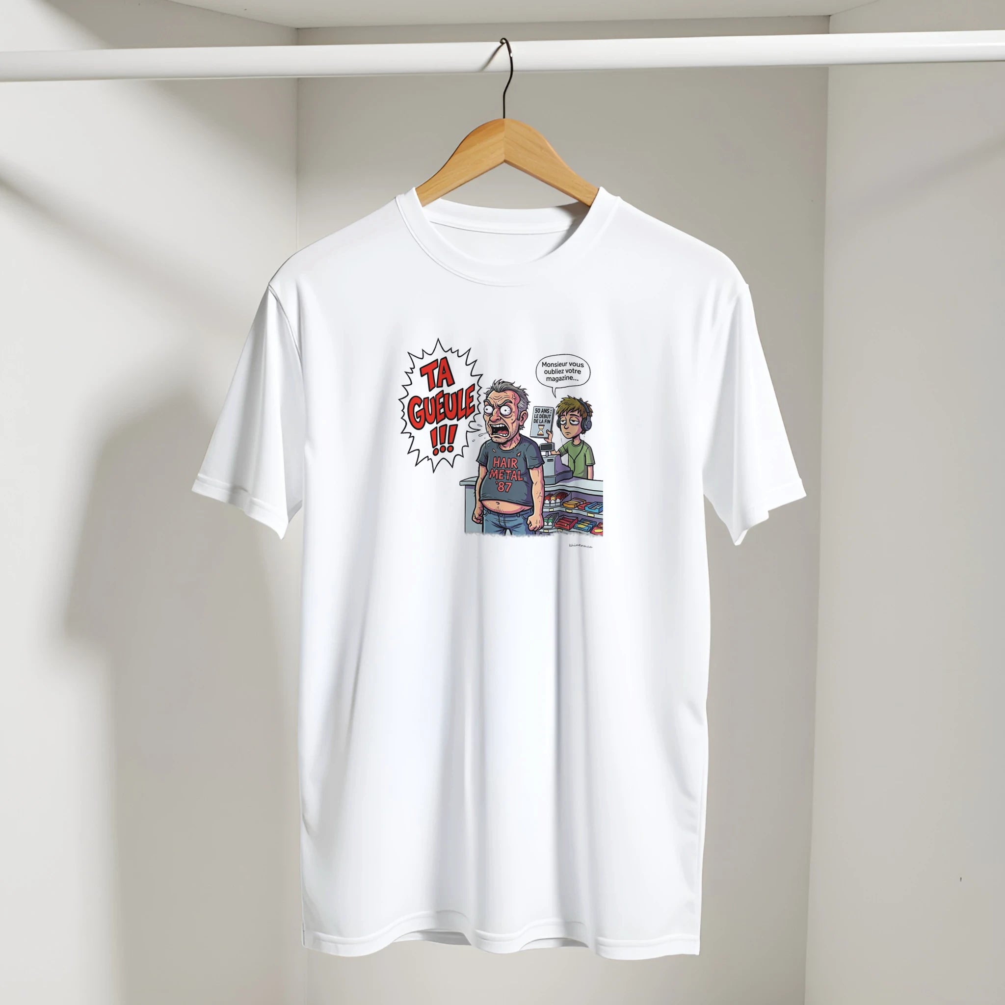 T-shirt anniversaire 50 ans homme présenté sur cintre - couleur blanc | Khimera