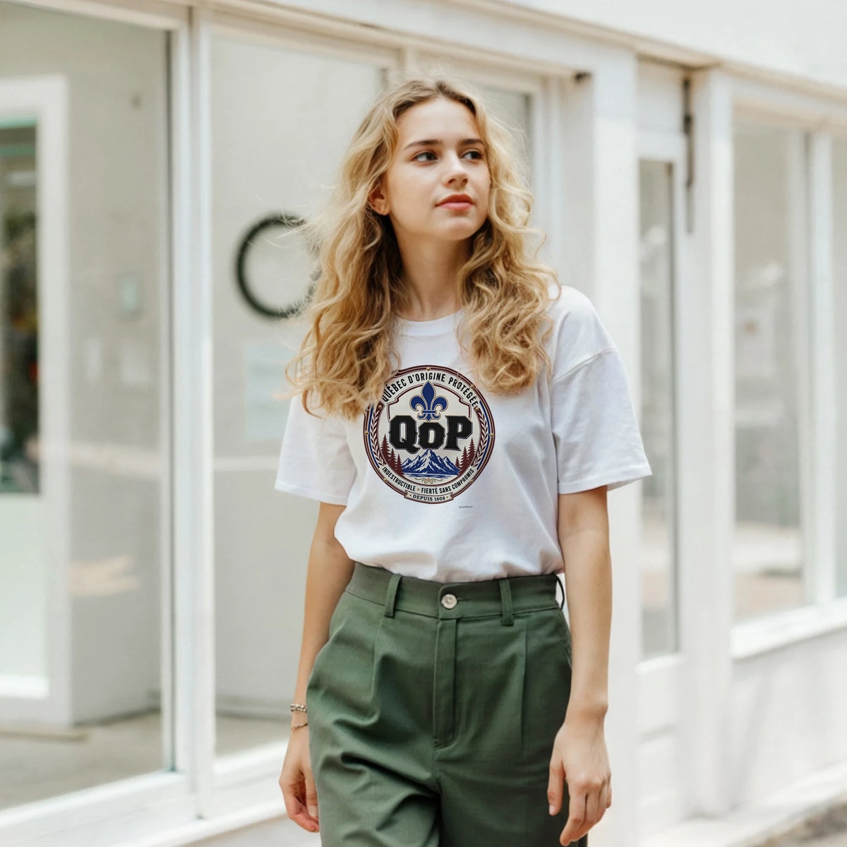 Femme portant le t-shirt sceau QOP fierté québécoise - couleur blanc | Khimera