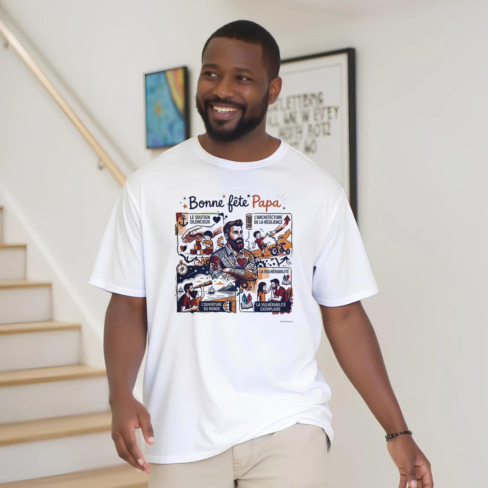Femme portant le T-shirt Bonne Fête Papa - couleur blanc | Khimera