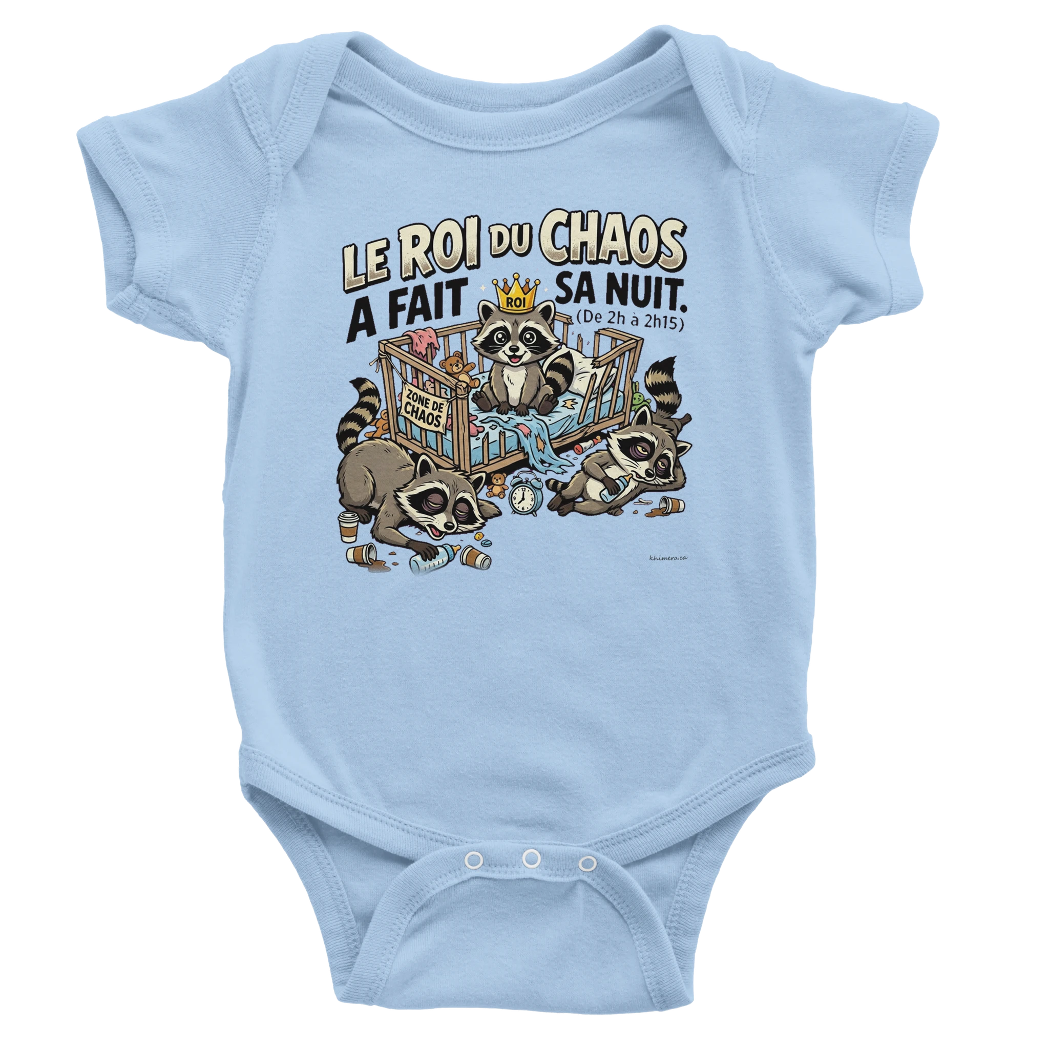 Cache-couche bébé bleu humour « Le roi du chaos a fait sa nuit » raton laveur tiare et tutu - cadeau shower drôle Québec bleu bébé | Khimera