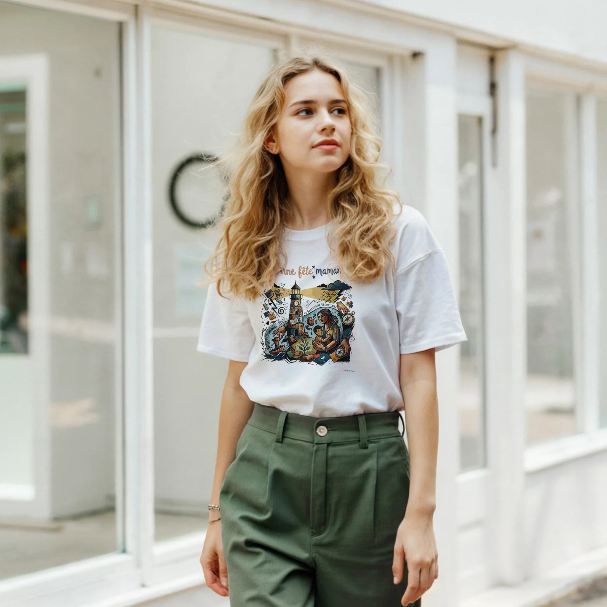 Femme portant le t-shirt Bonne Fête Maman cadeau fête des mères - couleur blanc | Khimera