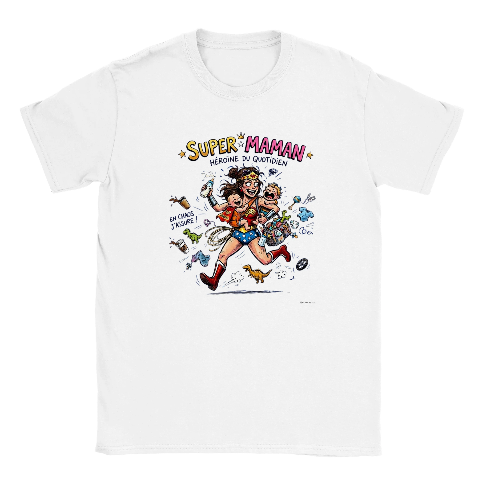 Chandail super maman fête des mères illustration héroïne avec bébés - couleur blanc | Khimera