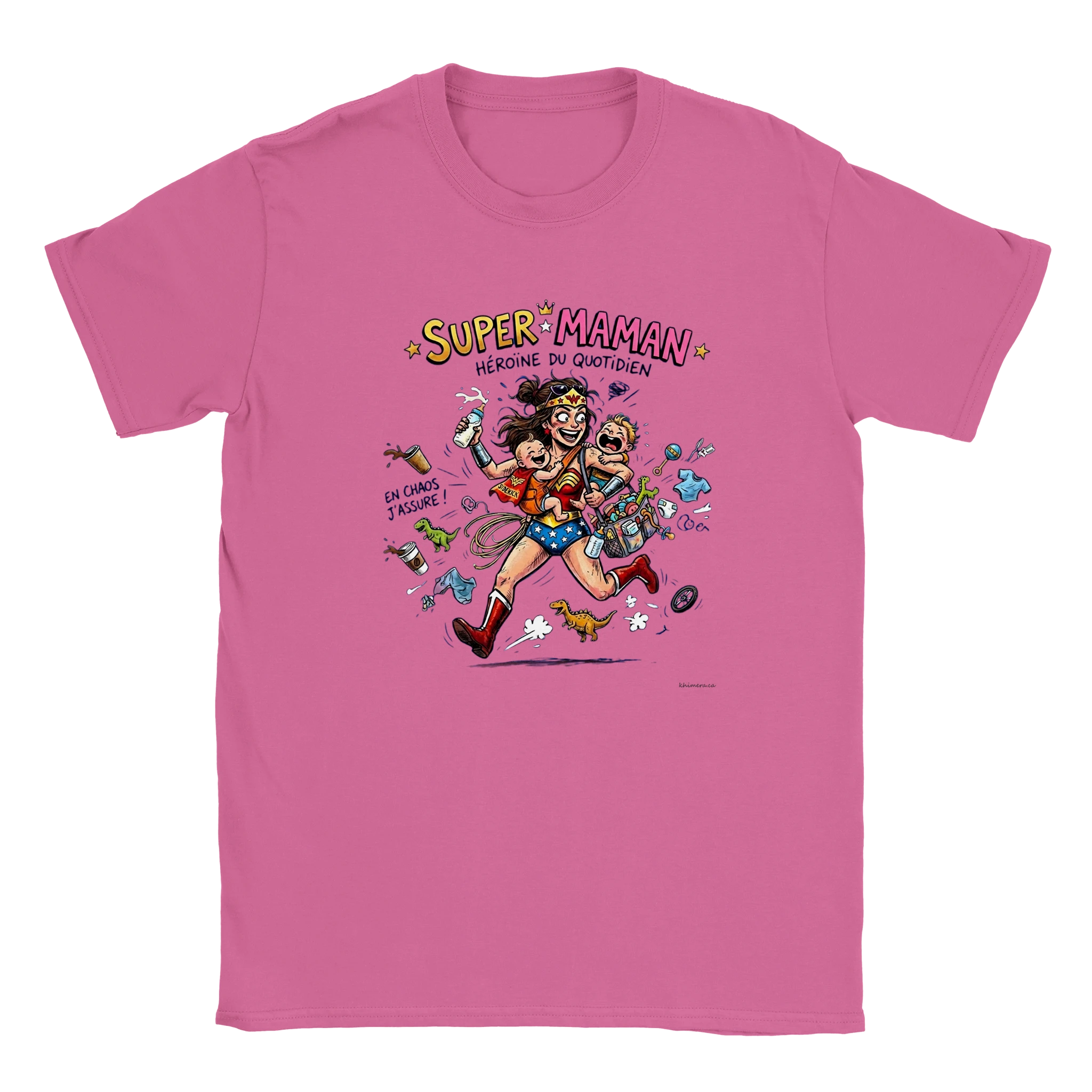 Chandail super maman fête des mères illustration héroïne avec bébés - couleur rose | Khimera