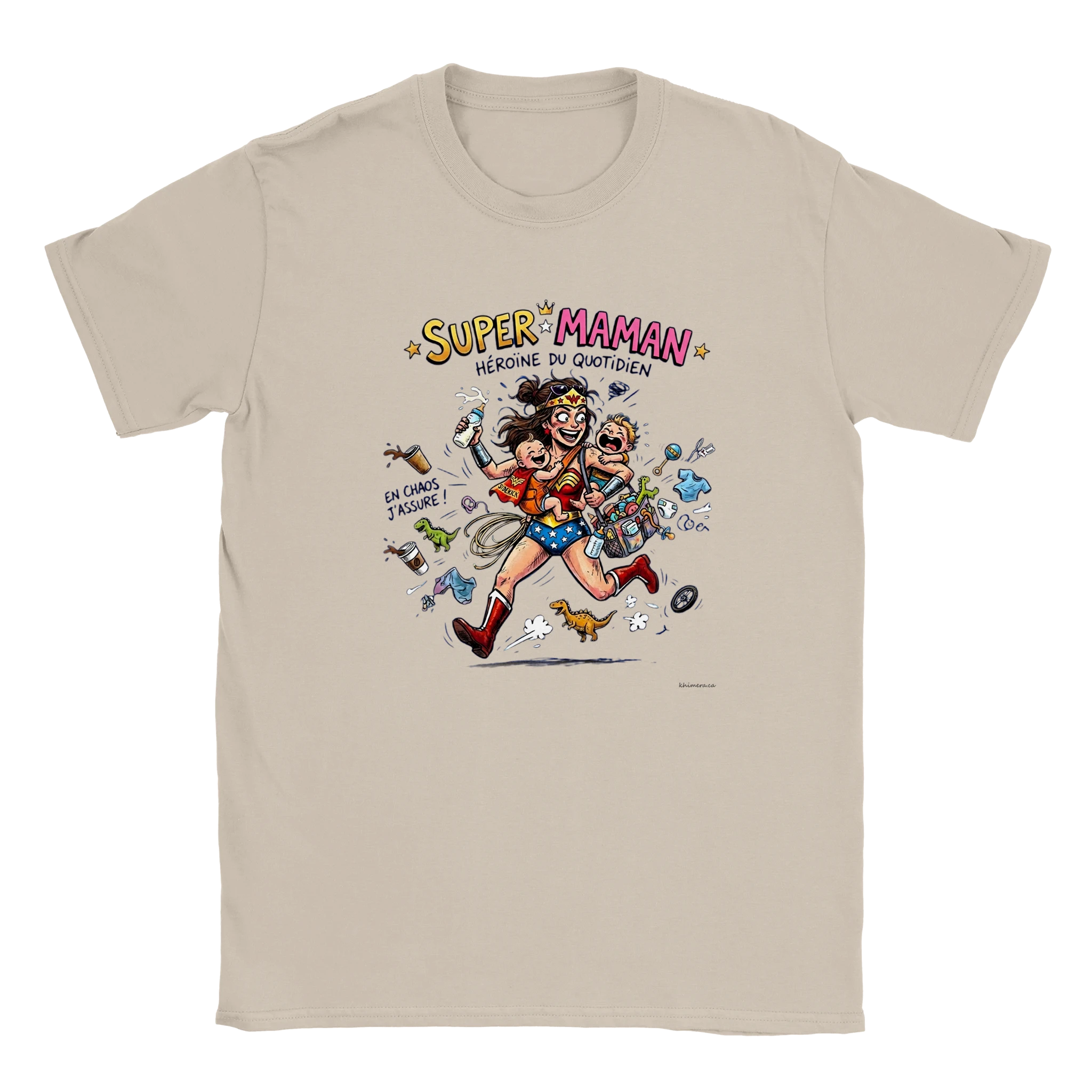 Chandail super maman fête des mères illustration héroïne avec bébés - couleur sable | Khimera