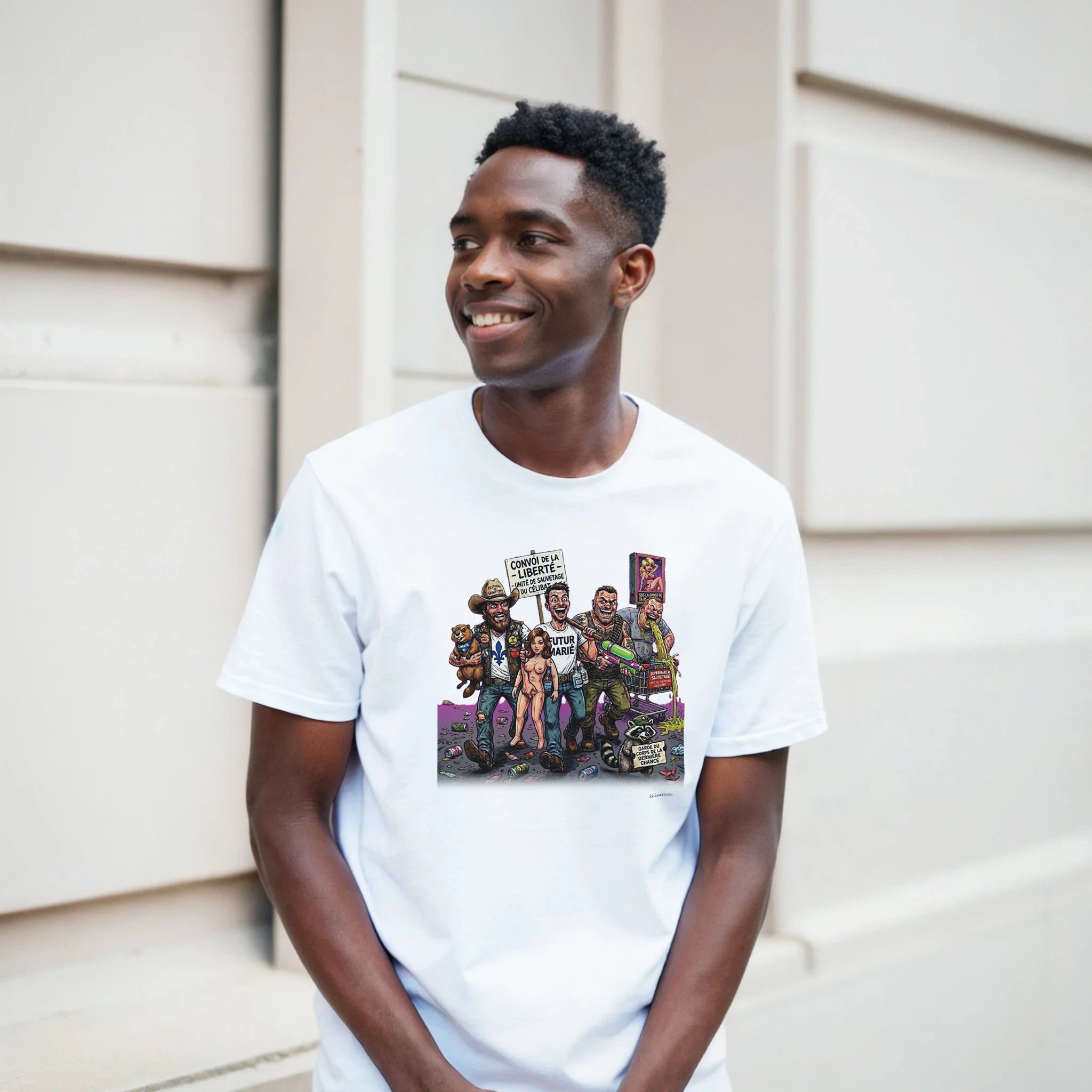 Homme portant le t-shirt EVG enterrement vie garçon - couleur blanc | Khimera