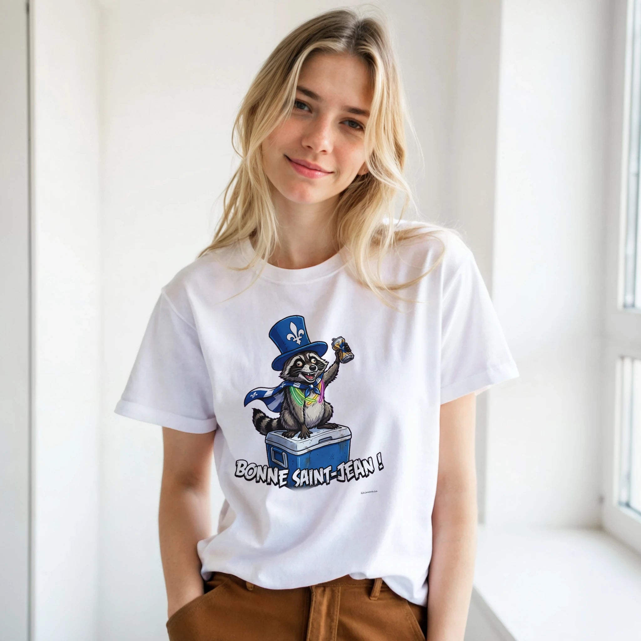Femme portant le T-shirt Saint-Jean Raton Laveur - couleur blanc | Khimera