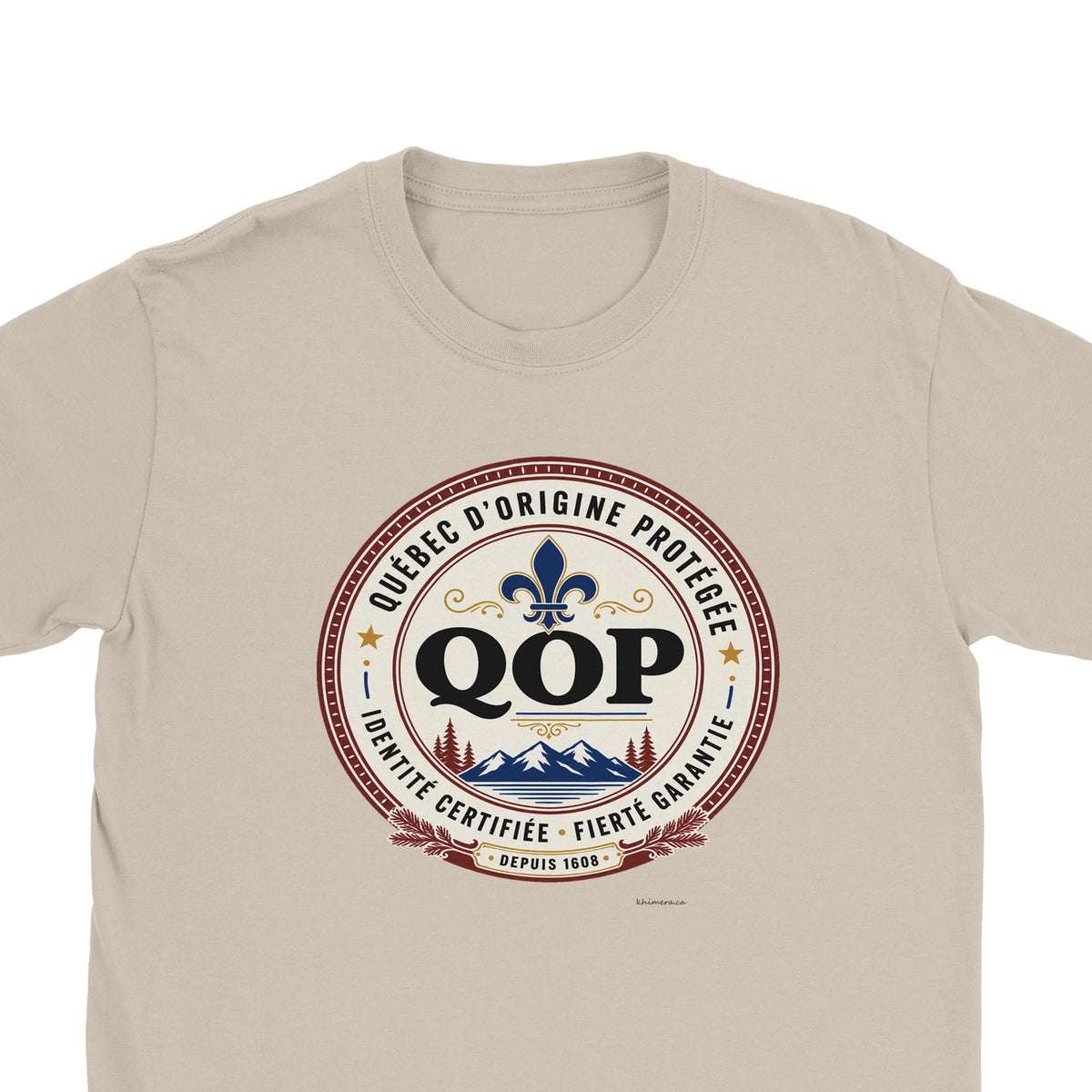 T-shirt sceau QOP identité québécoise cadeau fierté Québec - zoom sable | Khimera