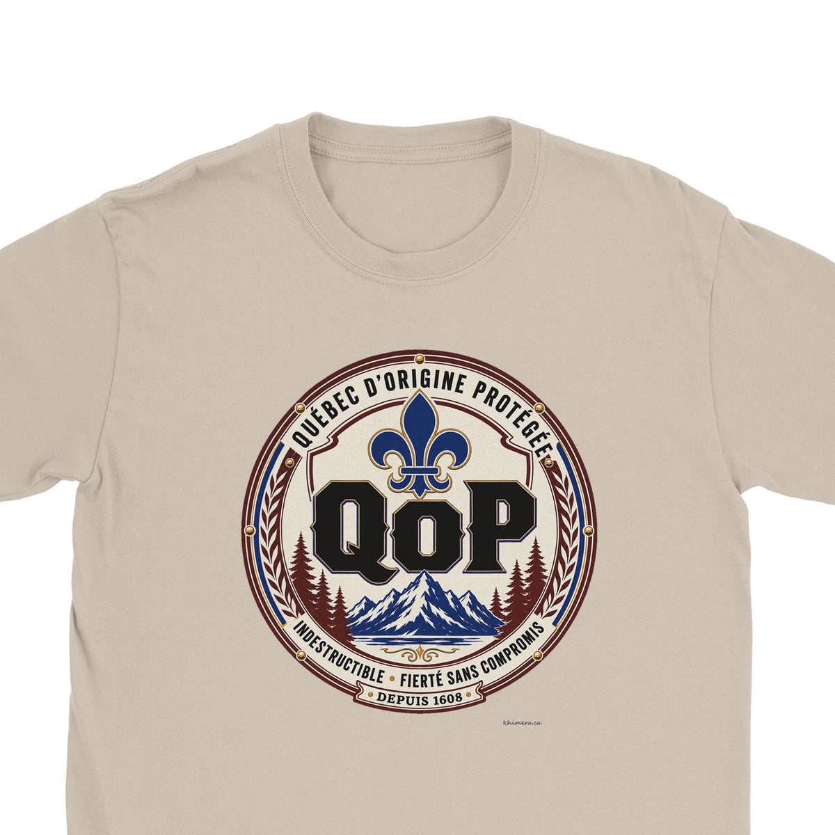 T-shirt sceau QOP fierté québécoise cadeau identité Québec - zoom sable | Khimera