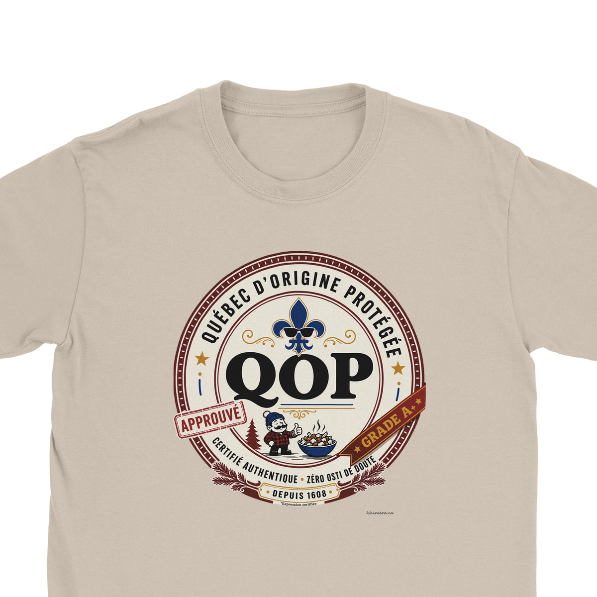 T-shirt sceau QOP fierté québécoise assumée cadeau humour Québec - zoom sable | Khimera