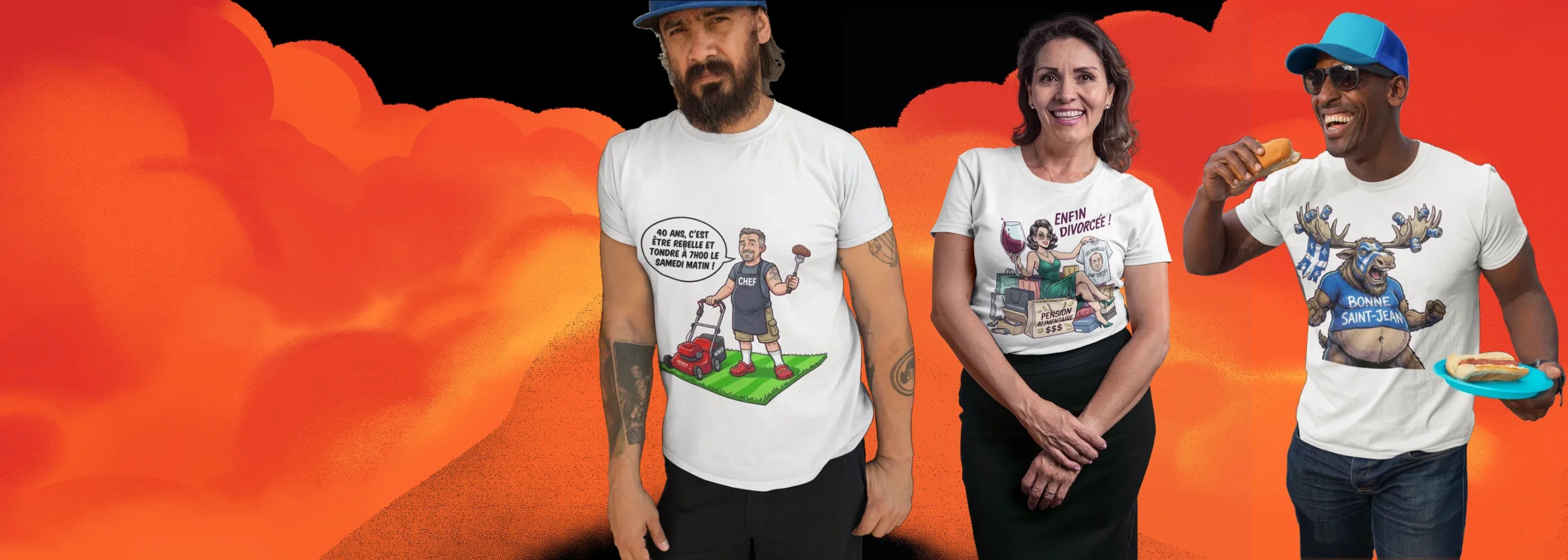 Trois personnes portant des t-shirts humoristiques pour événements - 40 ans, Enfin Divorcée et Bonne Saint-Jean - Collection Événements Khimera